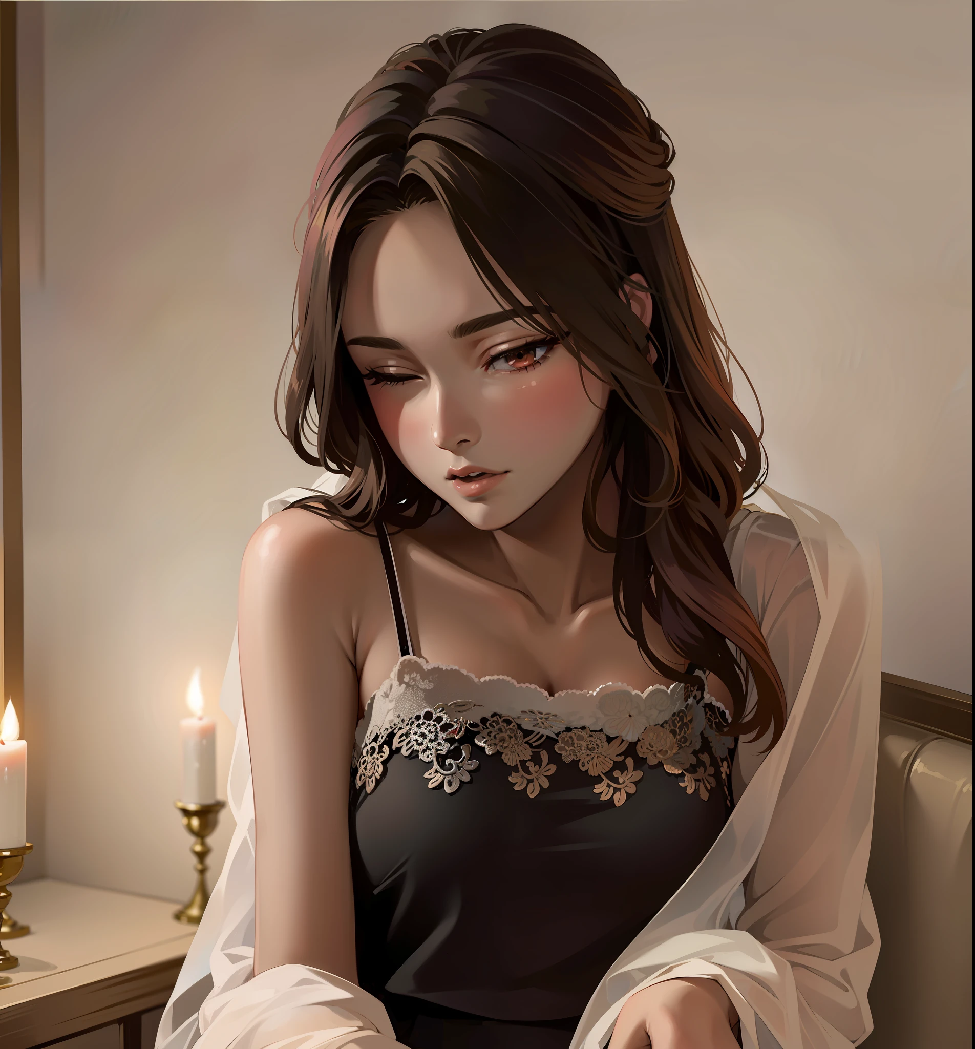 (anime style), (shy anime girl), ((Hayao Miyazaki style)), pink lips, upper lip biting lower lip, eyes closed, shy face, highest quality, super high definition, araffe woman in a black dress sitting on a couch with a candle, gorgeous young korean woman, beautiful south korean woman, beautiful young korean woman, seductive lingerie camisole, korean women&#39;s fashion model, ethereal beauty, heonhwa choe, lovely woman, korean girl, korea woman, wearing black camisole, alluring camisole