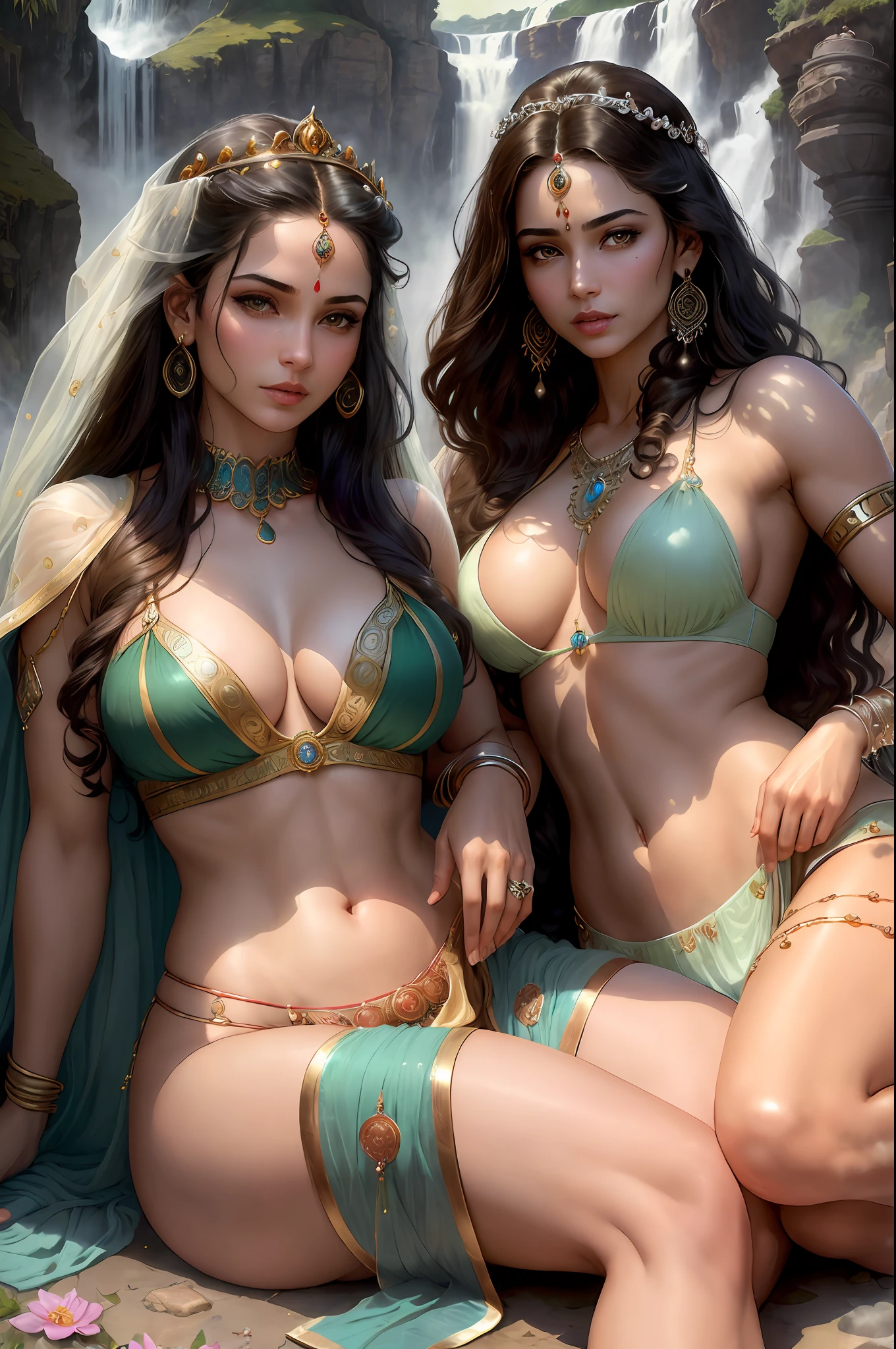 ((realistic:1.5)),((best quality)), ((masterpiece)),((detailed)), (1girl), {a beautiful female wearing a Sari}, (upper body:1.3),super-wide-angle lens,face focus, mature,sexy,toned muscles,long legs,curvy, barefoot, oversized firm breasts, open cleavage, drooping breasts, thick thighs,wide hips, thin legs, green eyes,long black hair,floting hair,long eyelashes, (detailed face,beautiful eye, detailed pupilss,detailed clothes features, clear background:1.3), (Bindi,Jhumkas:1.3), (Armlet, Haar, Payal,Maang Tikka,Jhumkas,Kamarband,Bangles:1.3), mysterious ancient ruin, lush forests, deep canyons,bridge,river,cliff,cloud, lakes,rock,waterfalls, flowers, grass, fog,vine,tree, smoke, best shadow,bright details,sharp,perfect composistion, Intricate, Sharp focus, dramatic, by Frank Frazetta,by Julie Bell,by Olivia De Berardinis,by Luis Royo,by boris vallejo, (specular lighting:1.3),rim light, princesses, playing, princesses playing with water, royal skimpy underwear, random royal color, laying on the floor, spooning her friend, hand on underwear, thirsty face, erotic face, lips open, almost undressed, underwear slid down, attended by servants, armed bodyguard, servant, gasping, breathing hard, fist clenched, visible slit, queen crown