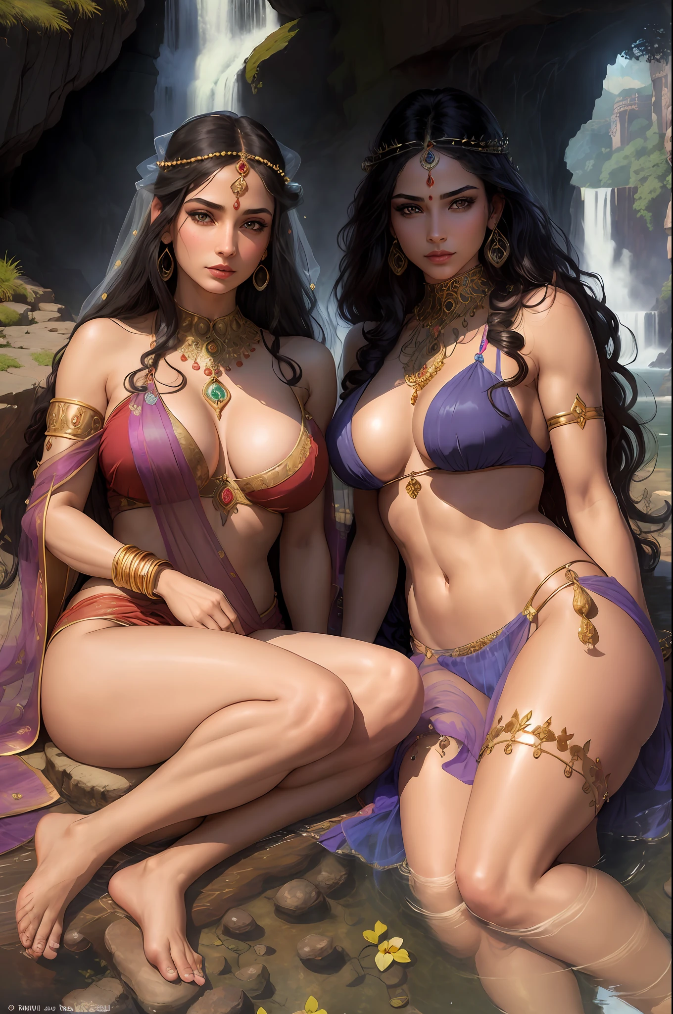((realistic:1.5)),((best quality)), ((masterpiece)),((detailed)), (1girl), {a beautiful female wearing a Sari}, (upper body:1.3),super-wide-angle lens,face focus, mature,sexy,toned muscles,long legs,curvy, barefoot, oversized firm breasts, open cleavage, drooping breasts, thick thighs,wide hips, thin legs, green eyes,long black hair,floting hair,long eyelashes, (detailed face,beautiful eye, detailed pupilss,detailed clothes features, clear background:1.3), (Bindi,Jhumkas:1.3), (Armlet, Haar, Payal,Maang Tikka,Jhumkas,Kamarband,Bangles:1.3), mysterious ancient ruin, lush forests, deep canyons,bridge,river,cliff,cloud, lakes,rock,waterfalls, flowers, grass, fog,vine,tree, smoke, best shadow,bright details,sharp,perfect composistion, Intricate, Sharp focus, dramatic, by Frank Frazetta,by Julie Bell,by Olivia De Berardinis,by Luis Royo,by boris vallejo, (specular lighting:1.3),rim light, princesses, playing, princesses playing with water, royal skimpy underwear, random royal color, laying on the floor, spooning her friend, hand on underwear, thirsty face, erotic face, lips open, almost undressed, underwear slid down, attended by servants, armed bodyguard, servant, gasping, breathing hard, fist clenched, visible slit