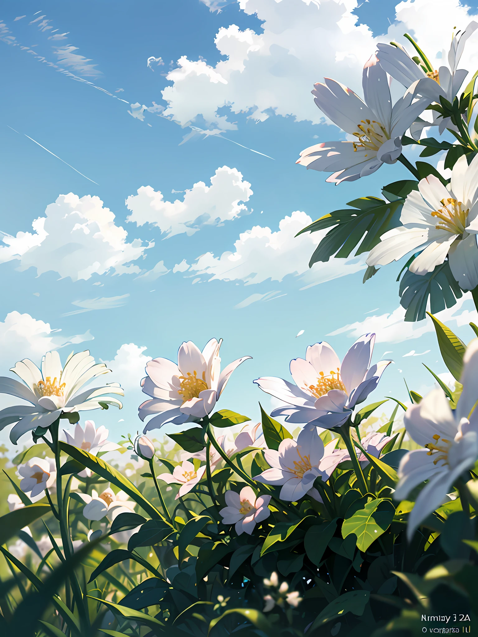 Summer Wallpaper, Grass, Few Flowers, Big Clouds, Blue Sky, Hot Weather, HD Detail, Moist Watermark, Ultra Detail, Film, Hyper Realism, Soft Light, Deep Focus Bokeh, Ray Tracing, and Hyper Realism. --v6