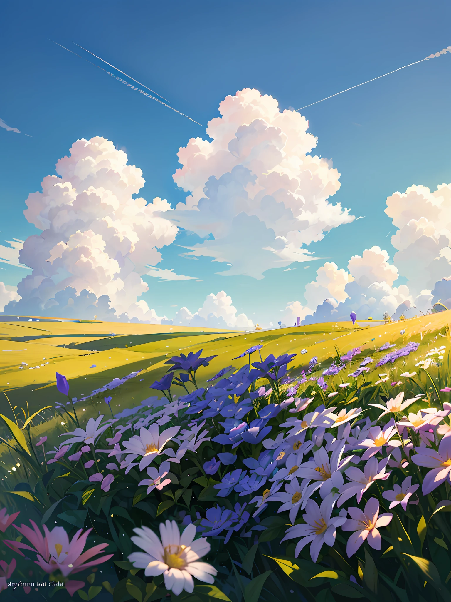 Summer Wallpaper, Grass, Few Flowers, Big Clouds, Blue Sky, Hot Weather, HD Detail, Moist Watermark, Ultra Detail, Film, Hyper Realism, Soft Light, Deep Focus Bokeh, Ray Tracing, and Hyper Realism. --v6