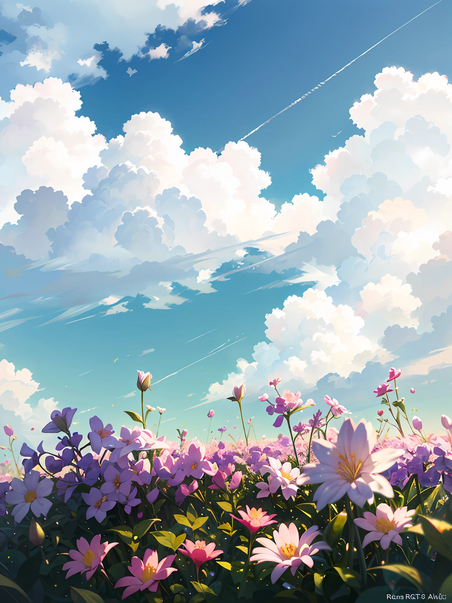 Summer Wallpaper, Grass, Few Flowers, Big Clouds, Blue Sky, Hot Weather, HD Detail, Moist Watermark, Ultra Detail, Film, Hyper Realism, Soft Light, Deep Focus Bokeh, Ray Tracing, and Hyper Realism. --v6