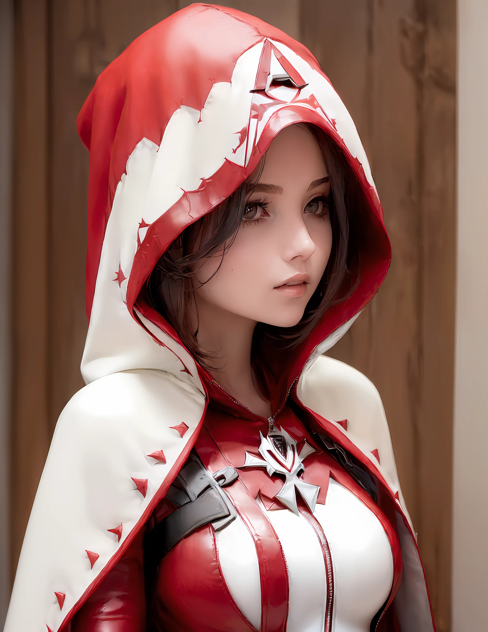 ((beautiful woman:1.3),red and white cloak,assassin creed style, white hood,upper body,portrait),young, teen, leather stripes, bodysuit, hidden blade