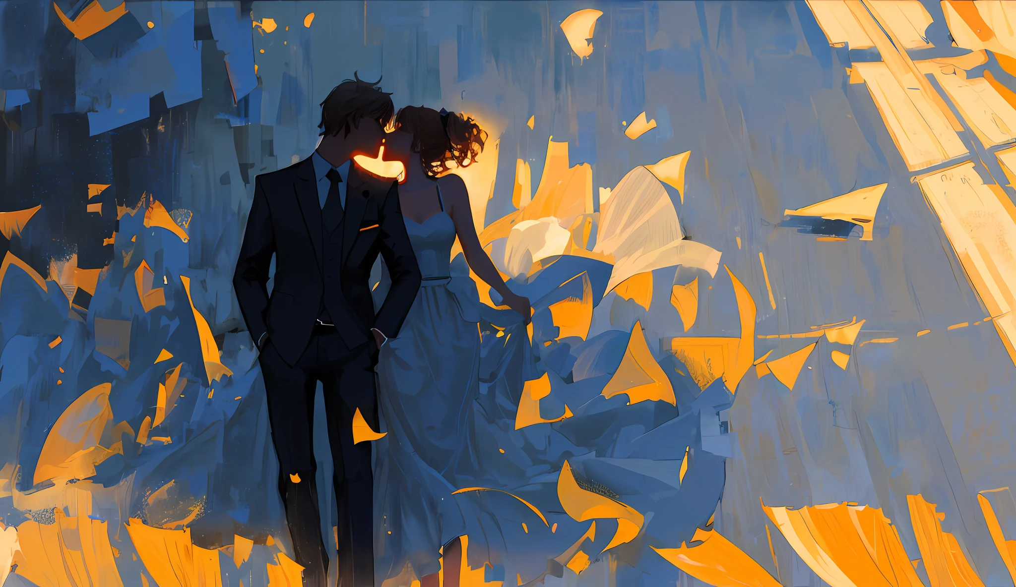 (prompt1: silhouette of a kissing couple, best quality, high resolution, elegant art style, soft lighting, romantic atmosphere, blurred background):(11)