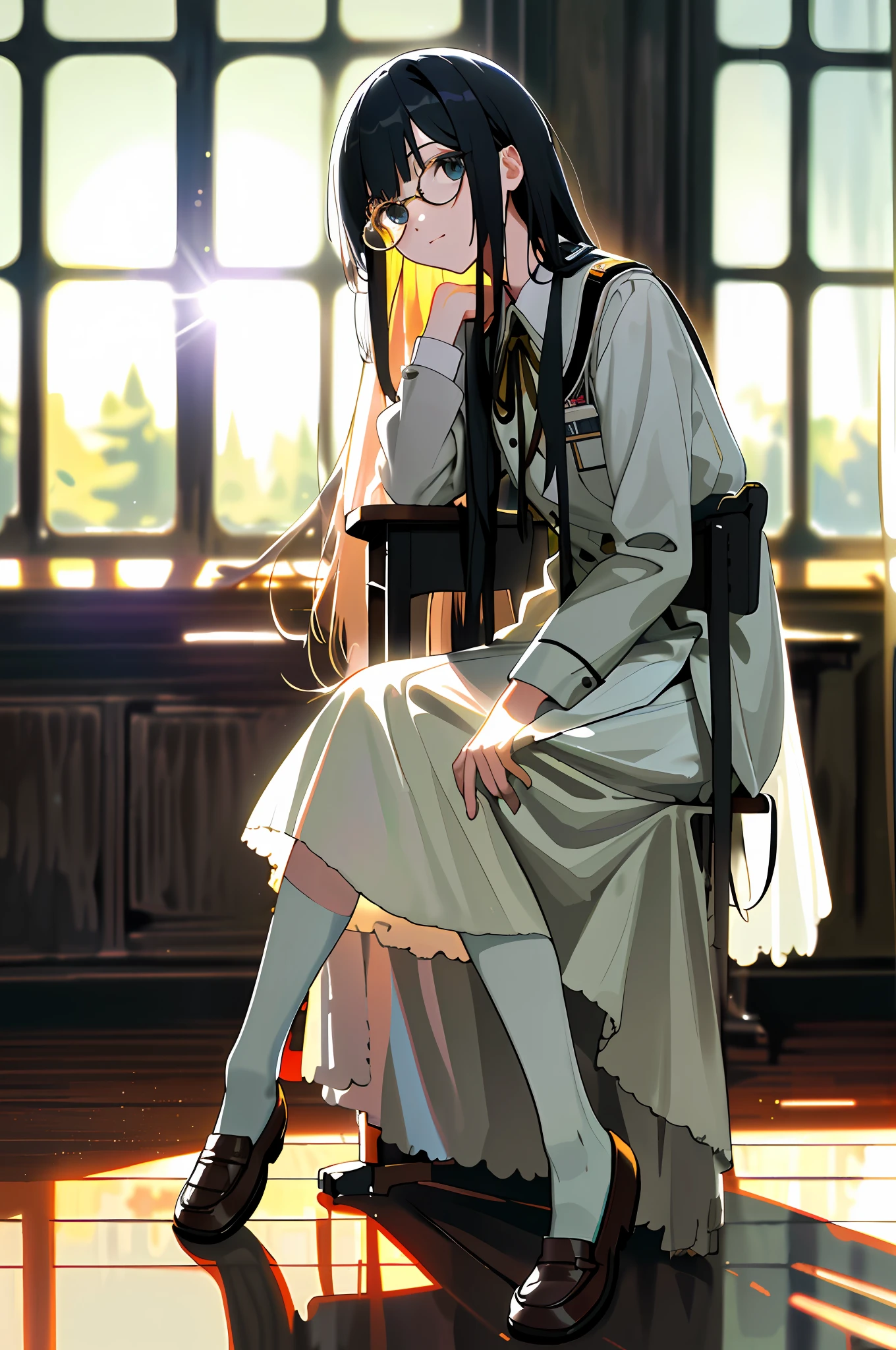 Highest quality, full body detail, golden ratio, tattered nightdress, masterpiece, RAW photo (black straight long hair) (pale 20 year old female, looking straight at viewer, clean feet), obsessed with feet full body detail, (wearing JK uniform), white socks, loafer shoes, round glasses, (sitting in classroom), full body, perfect face, amazing eyes, vivid detail, (high detail skin), sfw, (dark), aurora, (backlight: 0.5 ), depth of field, Canon 5D, 50mm lens, f/4 aperture, (super detail), sharp focus, soft colors, 8k, awareness, 8mm film food, war photography