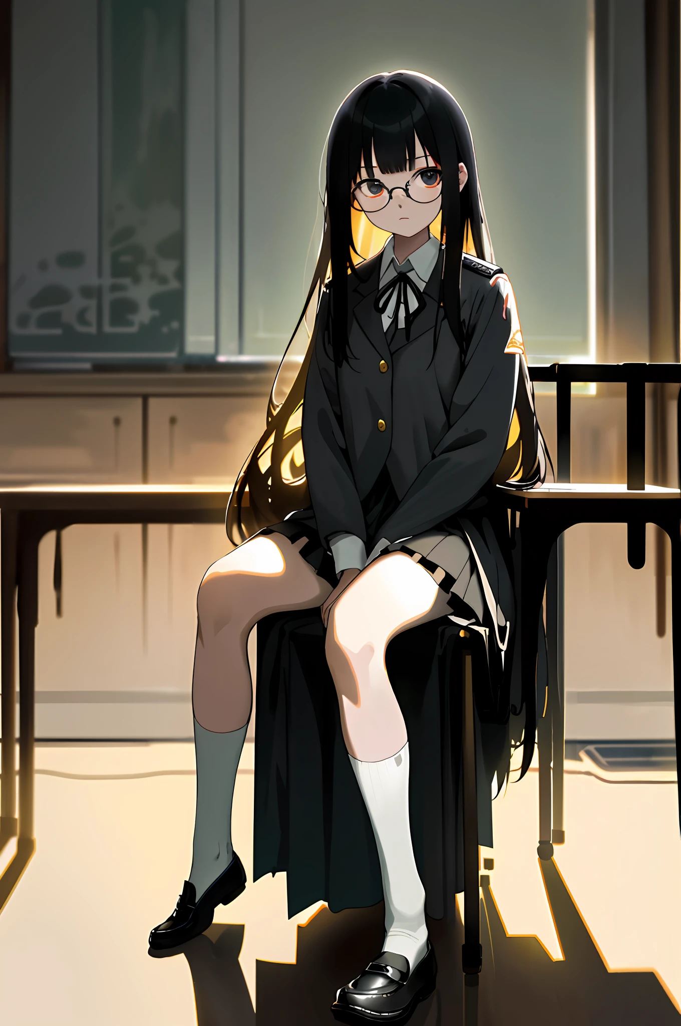 Highest quality, full body detail, golden ratio, tattered nightdress, masterpiece, RAW photo (black straight long hair) (pale 20 year old female, looking straight at viewer, clean feet), obsessed with feet full body detail, (wearing JK uniform), white socks, loafer shoes, round glasses, (sitting in classroom), full body, perfect face, amazing eyes, vivid detail, (high detail skin), sfw, (dark), aurora, (backlight: 0.5 ), depth of field, Canon 5D, 50mm lens, f/4 aperture, (super detail), sharp focus, soft colors, 8k, awareness, 8mm film food, war photography