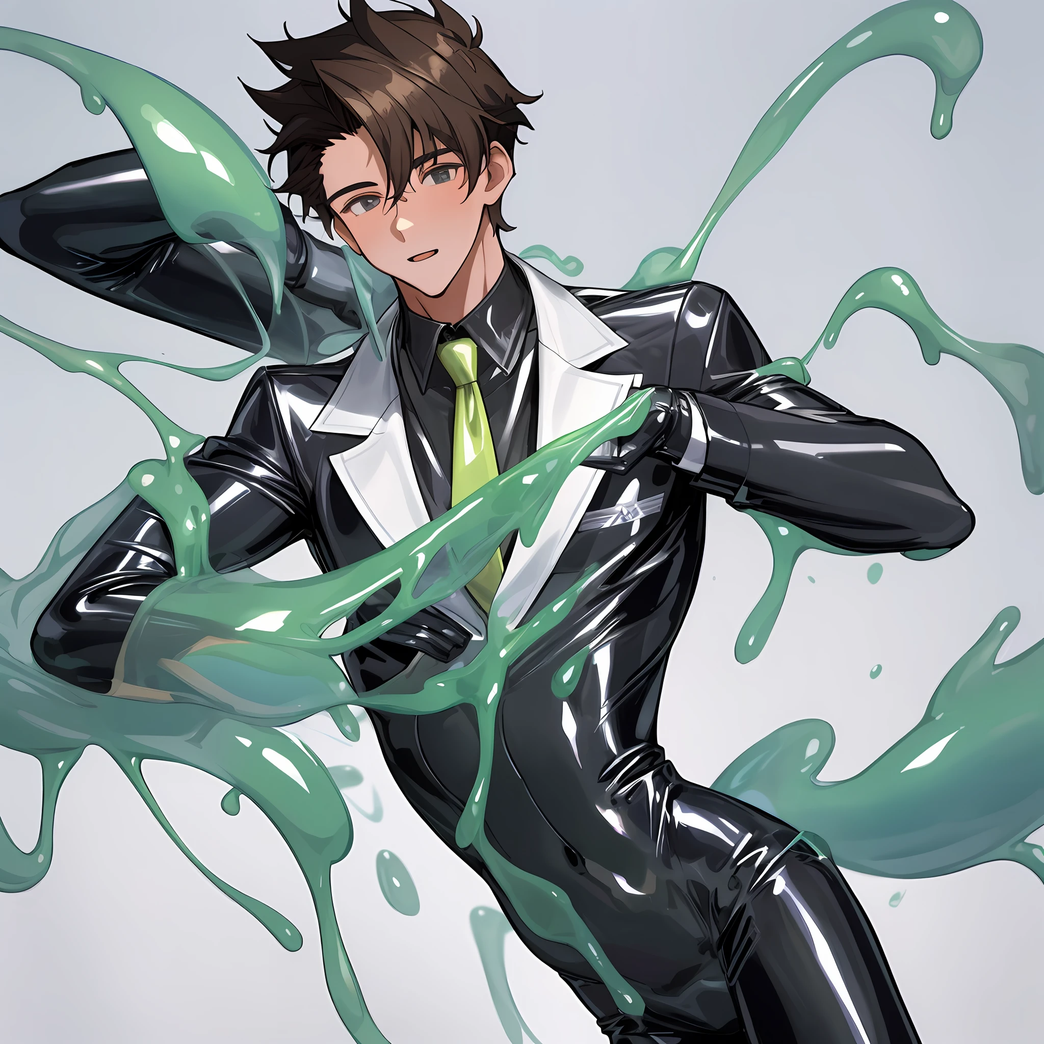 Mature male teenager in school uniform with latex slime covering half his body transforming him into latex extreme detail, highres, extremely correct anatomy