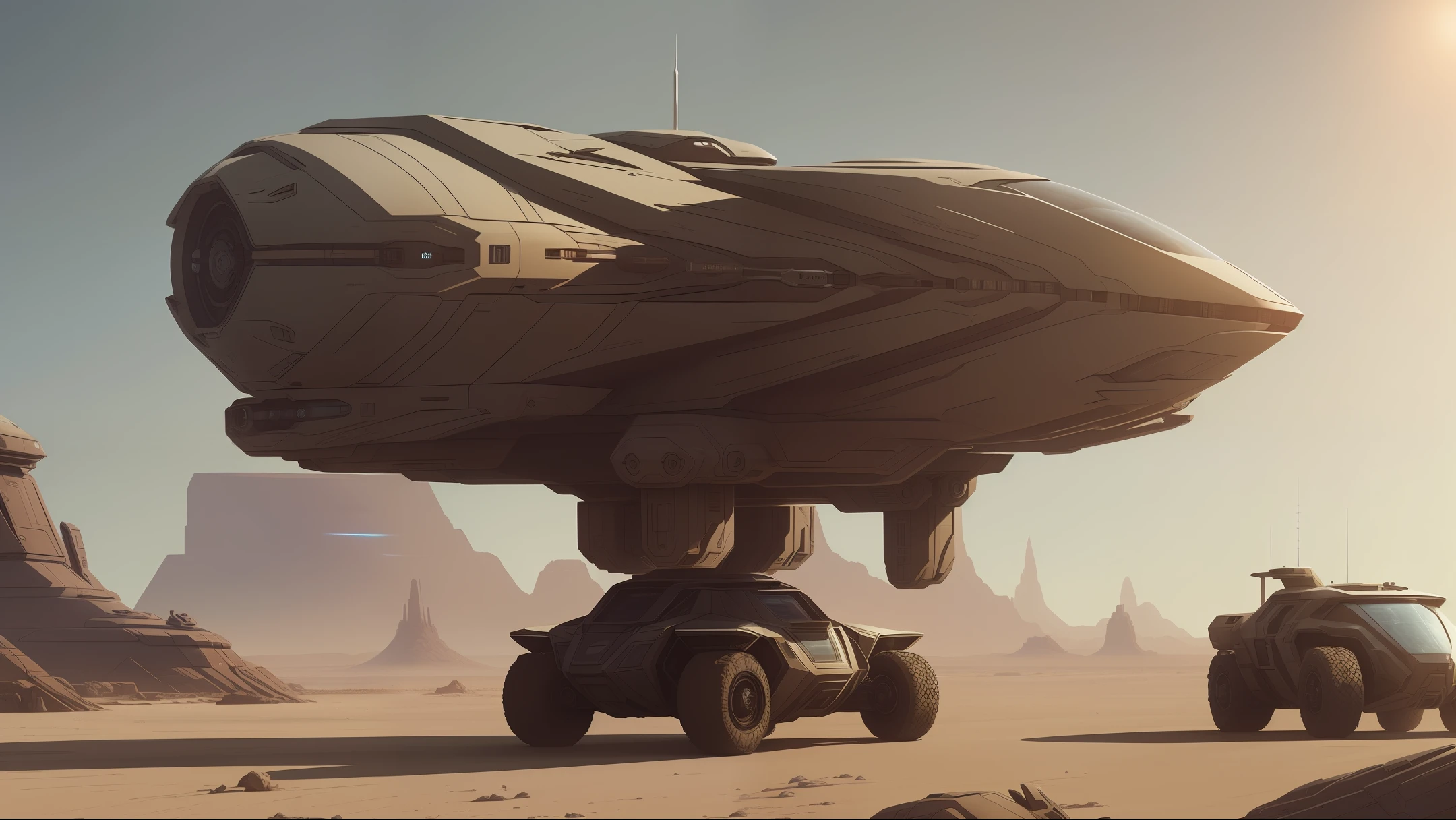 spaceship and a car on a desert road with a large structure in the background, concept art inspired by James Paick, cgsociety contest winner, conceptual art, star citizen concept art, futuristic spaceship, star citizen digital art, sci fi concept art, 3 d octane render conceptart, star citizen halo, futuristic concept art, concept art like ernest khalimov