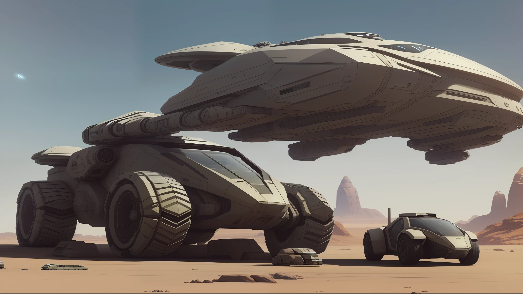 spaceship and a car on a desert road with a large structure in the background, concept art inspired by James Paick, cgsociety contest winner, conceptual art, star citizen concept art, futuristic spaceship, star citizen digital art, sci fi concept art, 3 d octane render conceptart, star citizen halo, futuristic concept art, concept art like ernest khalimov