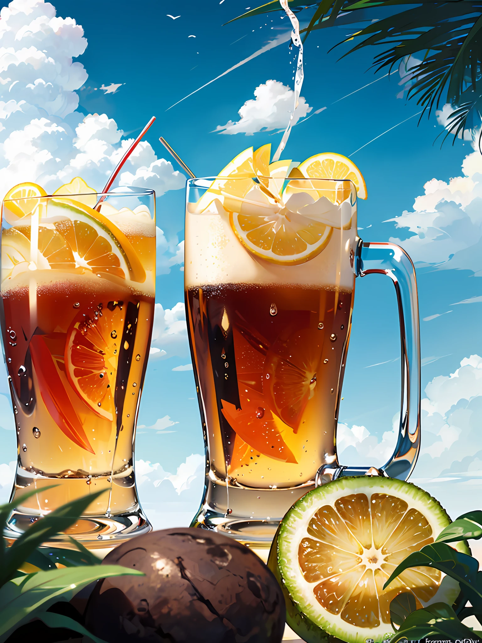 Summer Wallpapers, Beer, Fruits, Air Conditioning, Blue Sky, Hot Weather, HD Detail, Humid Watermark, Ultra Detail, Film, Hyper Realism, Soft Light, Deep Focus Bokeh, Ray Tracing, and Hyper Realism. --v6