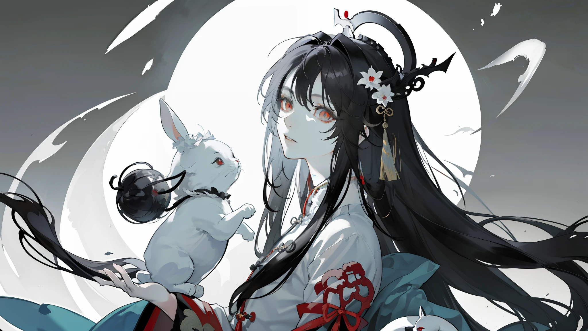Masterpiece, best quality, (Chinese ink painting), (illustration), 1 famale, mature famale, Chinese style, (ancient chinese female), (russ mills style), black hair, (long long hair), (messy hair), (white skin), (red eye), cute, (white plush clothing), (little white rabbit), tang dynasty, dark grey, hiroshi yoshida, close-up, (grand background), (chiaroscuro),fine facial details, facial details,cinematic lighting, (depth of field),UHD, (upper body)