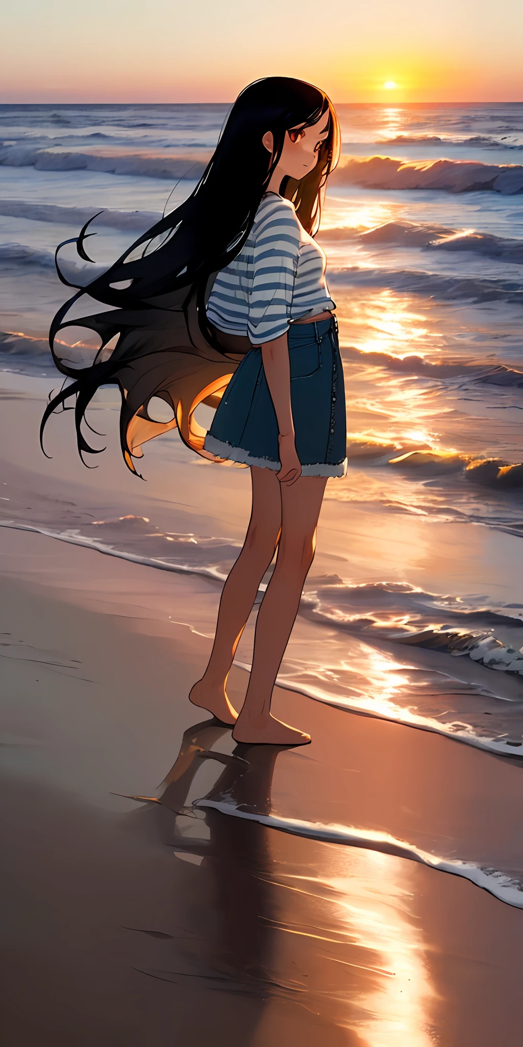 (masterpiece, best quality), 1 girl with long black hair standing on the beach with a sunrise in the background, completely turned away from the camera, white striped top, long denim skirt