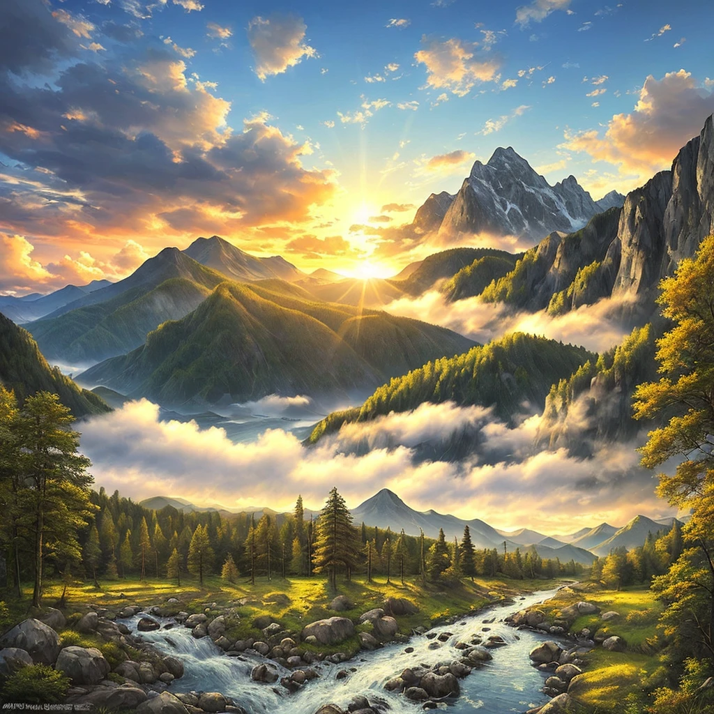 detailed background, masterpiece, best quality, landscape, mountains, river, forest, sun, day, clouds