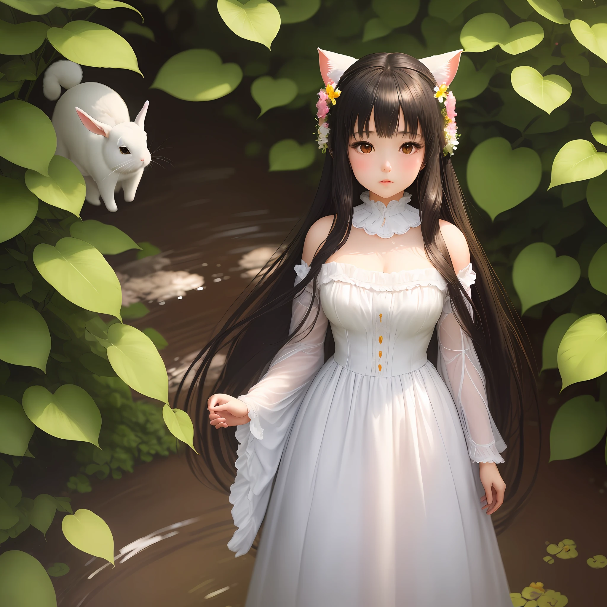 An extremely detailed and beautiful, high resolution anime girl with a round face, standing solo, in a princess dress, wearing delicate white rabbit ears, gazing directly at the viewer. Her long, black hair cascades down her back, accentuating her exquisite features. The whole scene is bathed in a soft, warm light, lending a serene and alluring atmosphere to the scene. The girl is surrounded by an aura of colorful flowers and lush foliage, further enhancing the immersive experience.