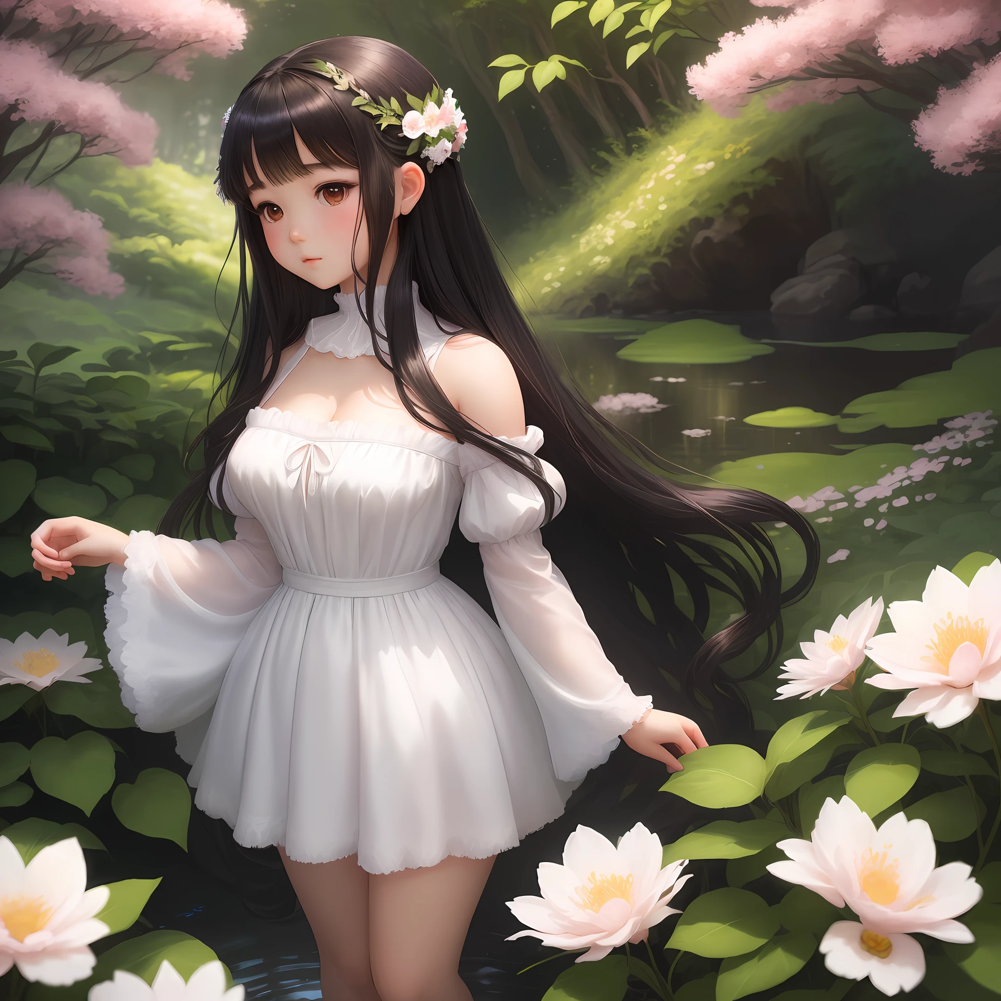 An extremely detailed and beautiful, high resolution anime girl with a round face, standing solo, in a princess dress, wearing delicate white rabbit ears, gazing directly at the viewer. Her long, black hair cascades down her back, accentuating her exquisite features. The whole scene is bathed in a soft, warm light, lending a serene and alluring atmosphere to the scene. The girl is surrounded by an aura of colorful flowers and lush foliage, further enhancing the immersive experience.