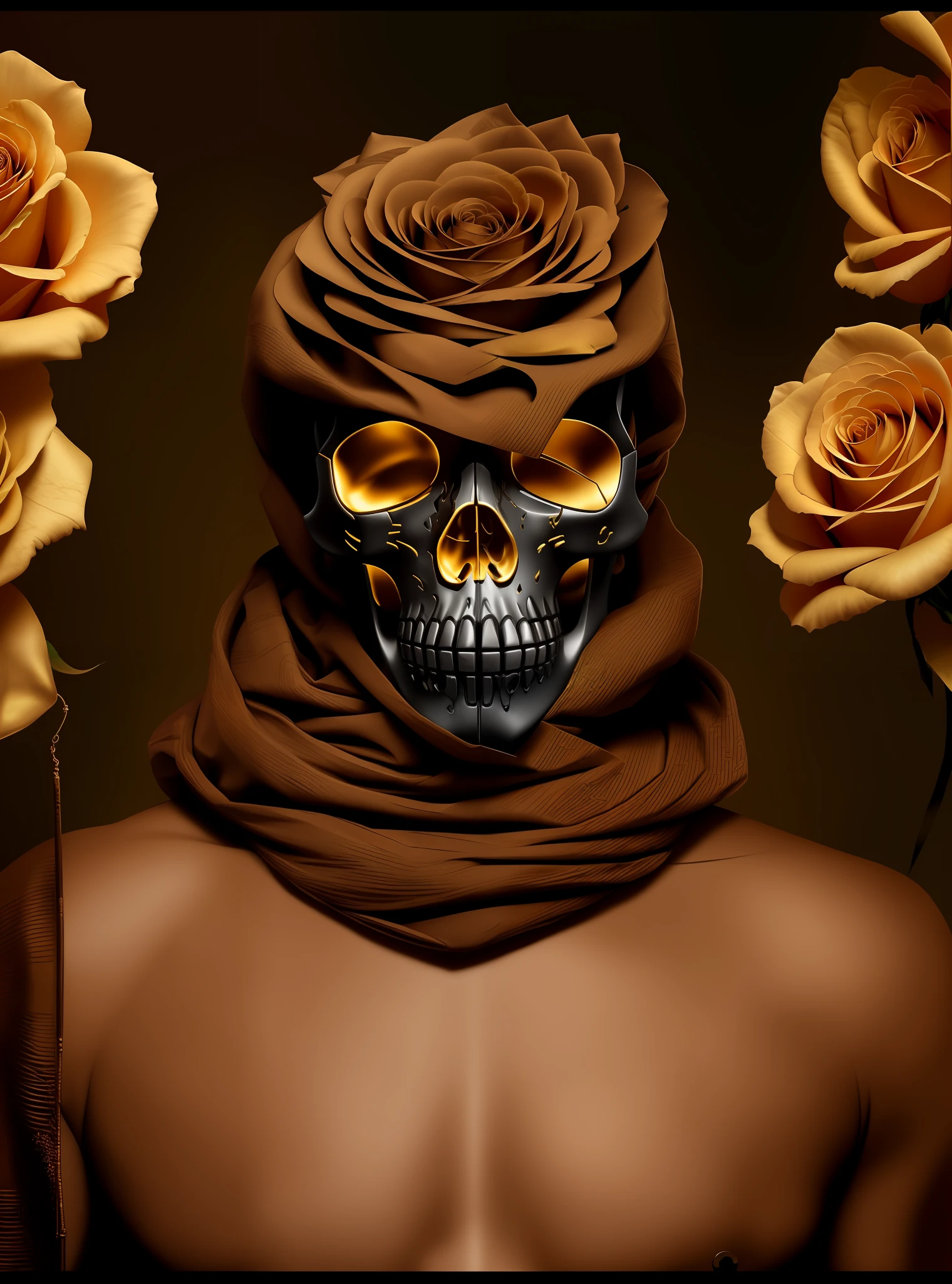 there is a man with a skull mask and roses in the background, inspired by Hedi Xandt, by Hedi Xandt, grim dark orientalism, inspired by Igor Morski, cyberpunk cyborg. roses, close-up portrait goddess skull, face with skull mask, hooded skull, skull mask, by Andrei Kolkoutine, gold skulls