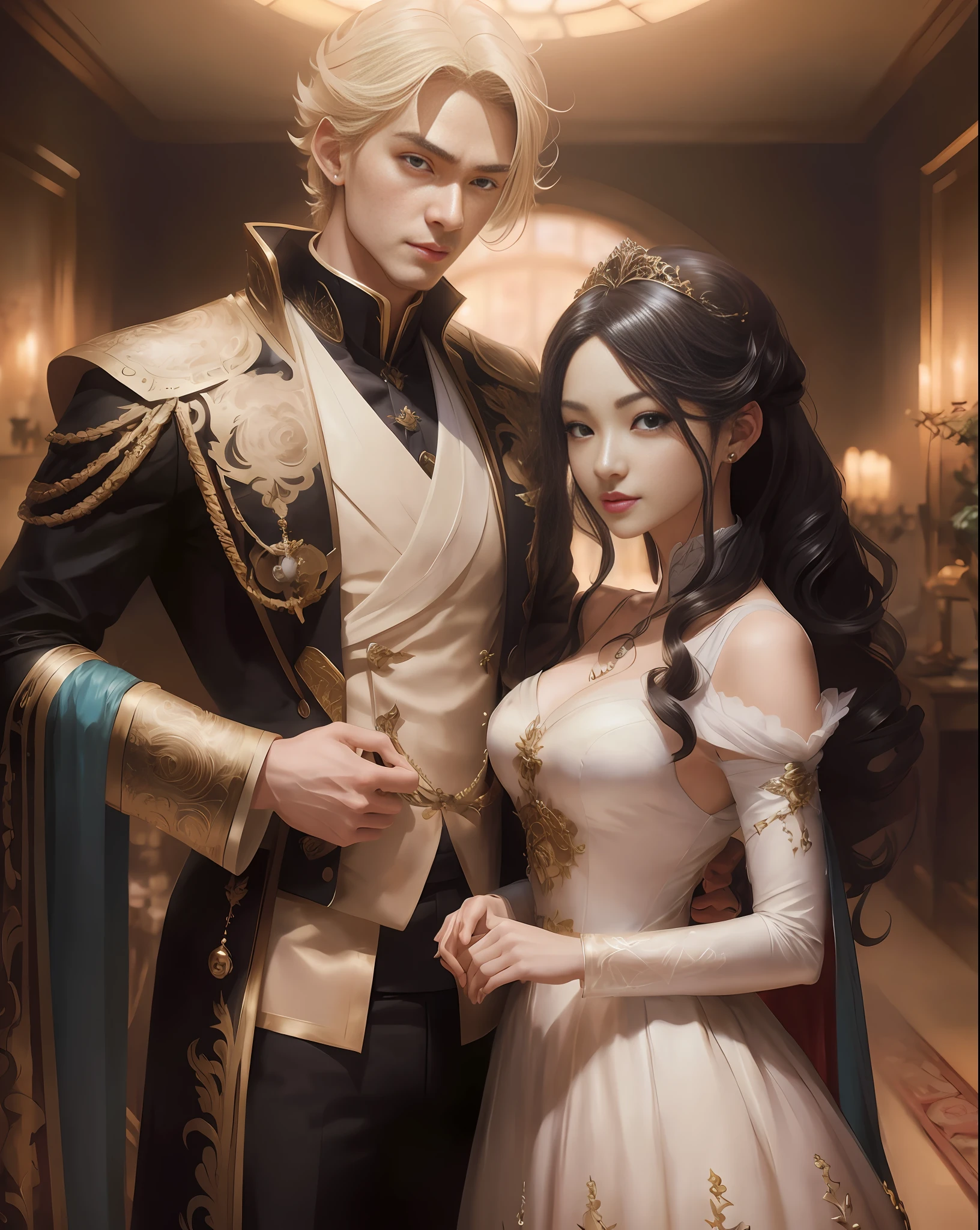 there is a man and woman dressed in costumes posing for a picture, wlop and sakimichan, artwork in the style of guweiz, ruan jia and artgerm, artgerm and ruan jia, by Yang J, wlop and ross tran, ross tran and bayard wu, beautiful androgynous prince, guweiz masterpiece