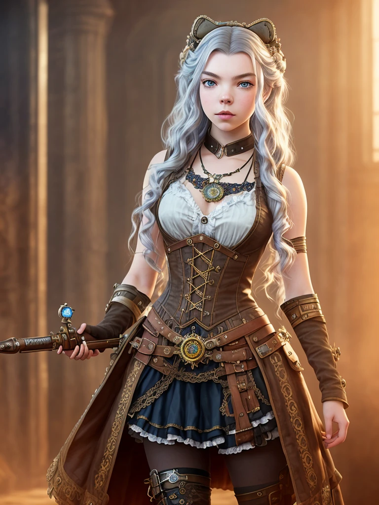 Anya Taylor-Joy as a beautiful Steampunk lady, long silver hair, steampunk outfit and weapon, hyperrealism, photorealistic, 8k, unreal engine --ar 9:16 --niji 5 --style expressive --s 400