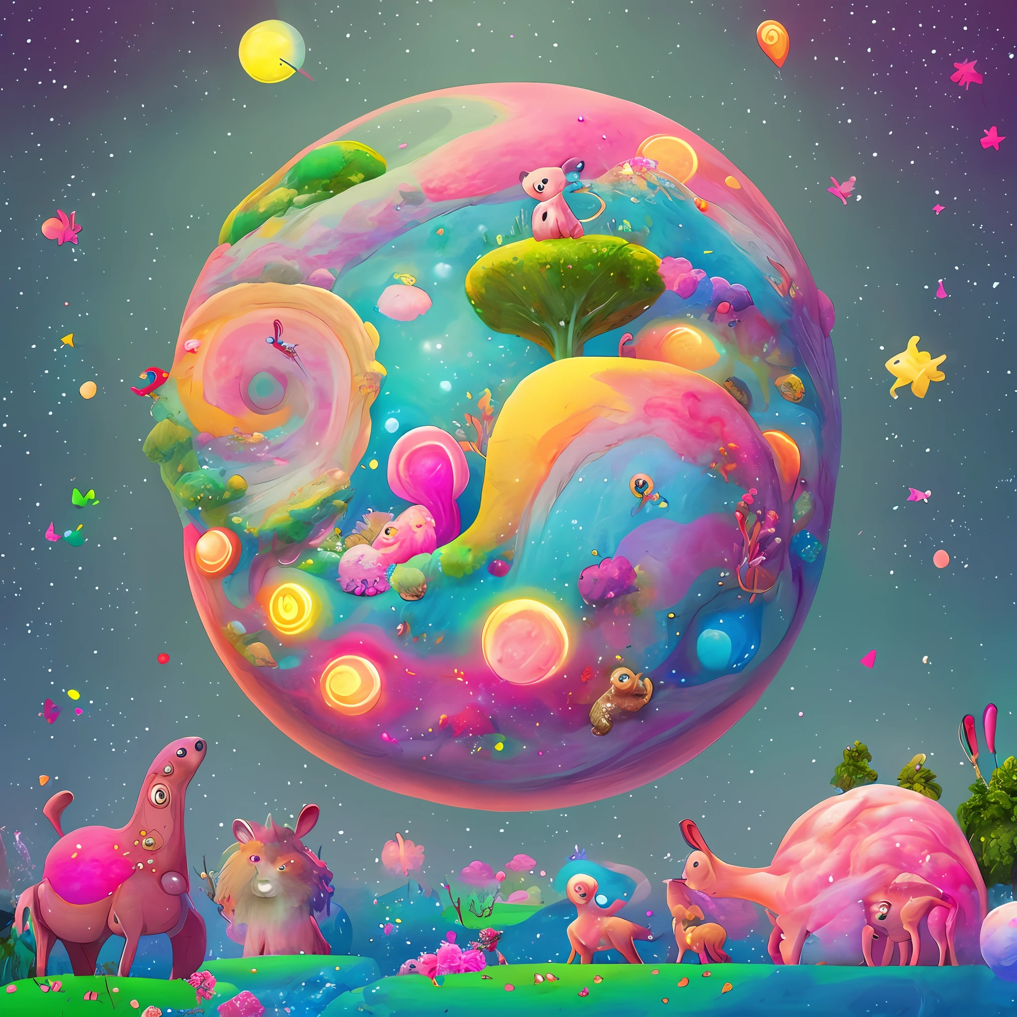 A wonderful happy fantasy planet with rainbows, cotton candy and cute animals