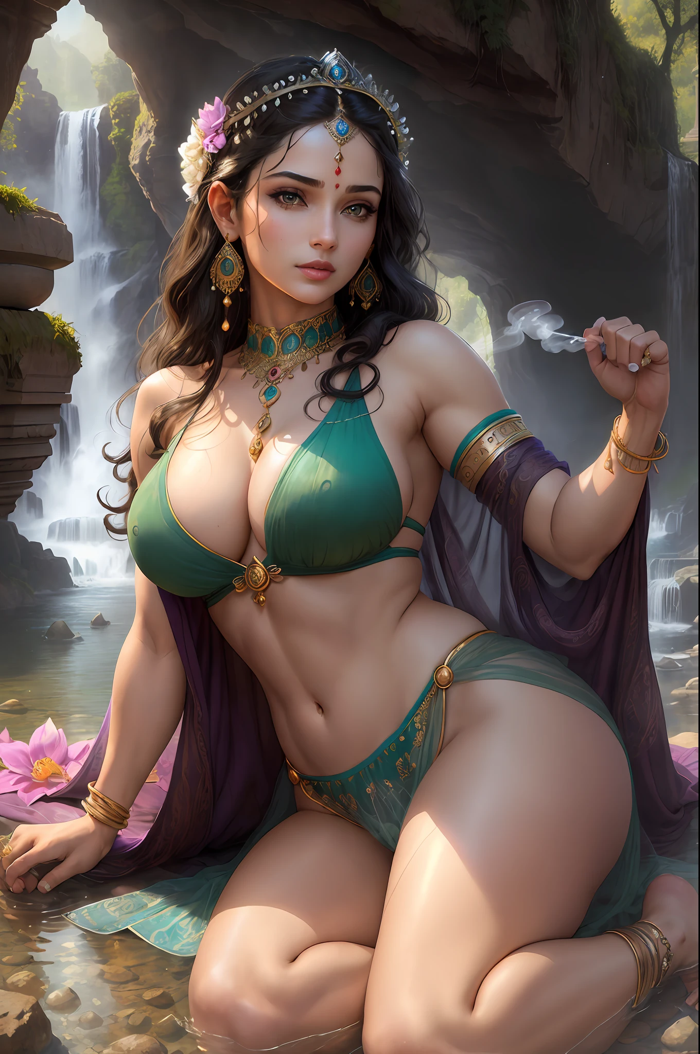 ((realistic:1.5)),((best quality)), ((masterpiece)),((detailed)), (1girl), {a beautiful female wearing a Sari}, (upper body:1.3),super-wide-angle lens,face focus, mature,sexy,toned muscles,long legs,curvy, barefoot, oversized firm breasts, open cleavage, drooping breasts, thick thighs,wide hips, thin legs, green eyes,long black hair,floting hair,long eyelashes, (detailed face,beautiful eye, detailed pupilss,detailed clothes features, clear background:1.3), (Bindi,Jhumkas:1.3), (Armlet, Haar, Payal,Maang Tikka,Jhumkas,Kamarband,Bangles:1.3), mysterious ancient ruin, lush forests, deep canyons,bridge,river,cliff,cloud, lakes,rock,waterfalls, flowers, grass, fog,vine,tree, smoke, best shadow,bright details,sharp,perfect composistion, Intricate, Sharp focus, dramatic, by Frank Frazetta,by Julie Bell,by Olivia De Berardinis,by Luis Royo,by boris vallejo, (specular lighting:1.3),rim light, princesses, playing, princesses playing with water, royal transparent underwear, random royal color, laying on the floor, spooning her friend, hand on underwear, thirsty face, erotic face, lips open, almost undressed, underwear slid down, attended by servants, armed bodyguard, servant, gasping, breathing hard, fist clenched, visible slit, wet princess, princess with subjects