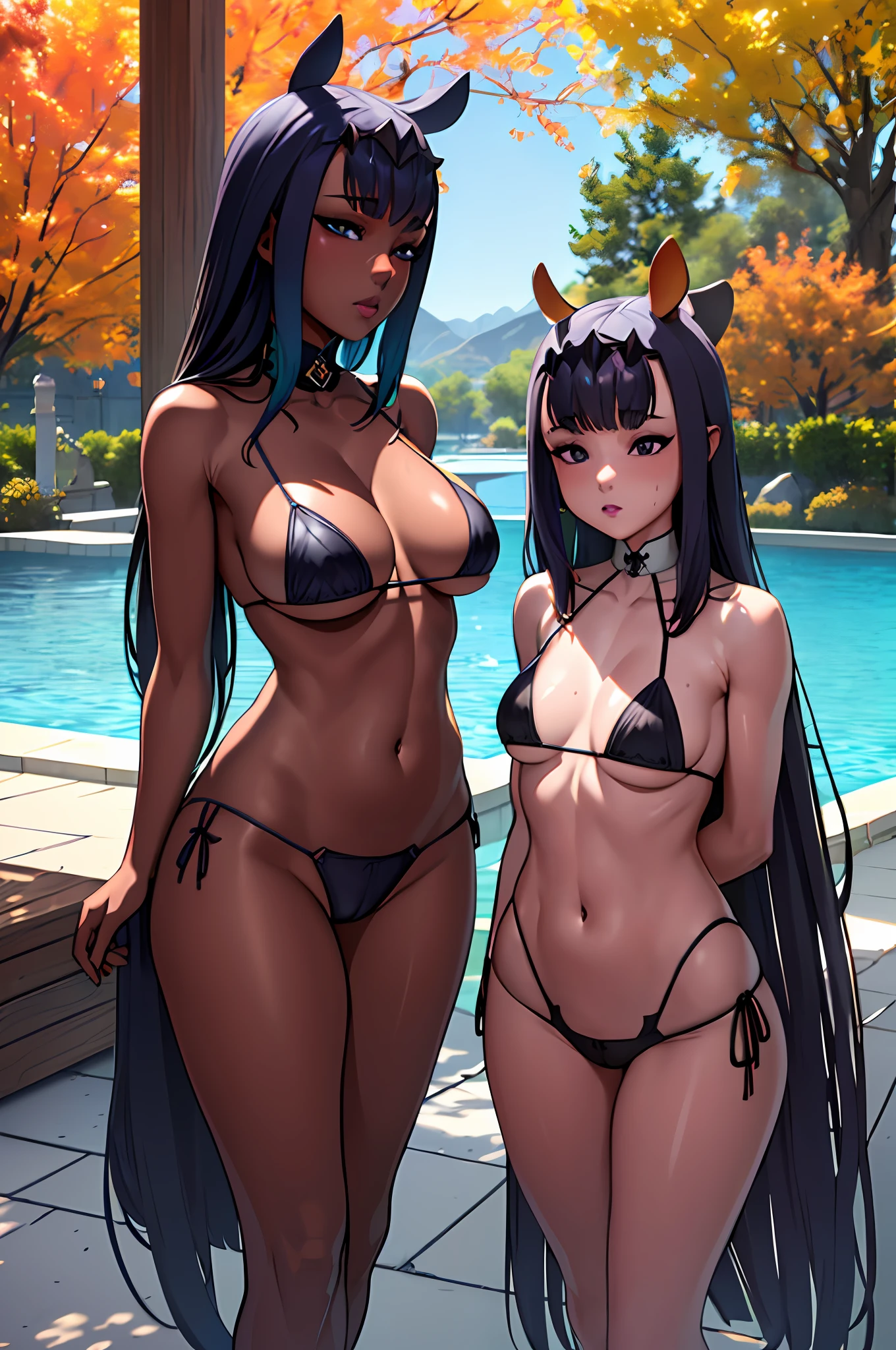 (high resolution, best quality, masterpiece, ultra-detailed CG render) of a (beautiful porcelain profile), with (toned) (dark skin) and wearing a (micro bikini), (breast slip) and angled in a (complex 3D render), scale to (8k), camel-toe skin, witch, outside, wet , autumn, nipple breastplate, thong, metal short skirt