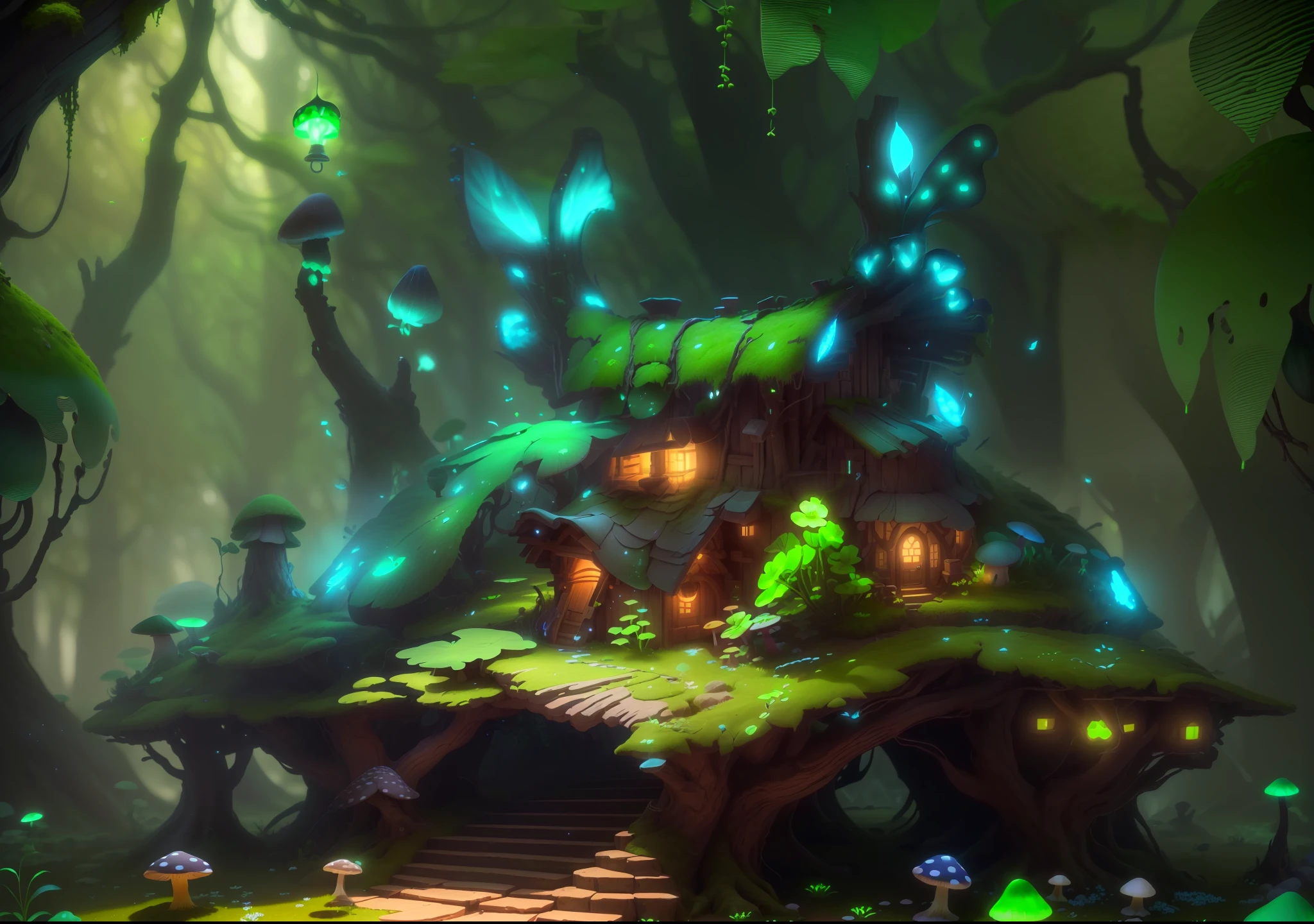 mastery, best quality, (extremely detailed CG unity 8k wallpaper), (best quality), (best illustration), (best shadow), (mushroom house covered with moss),(((Fantasy))),((( spirit ))), (((dew))), (timbo), (creek), firefly, clover, wtarlight around the room, petals, isometric 3D, octane rendering, ray tracing, super detailed,