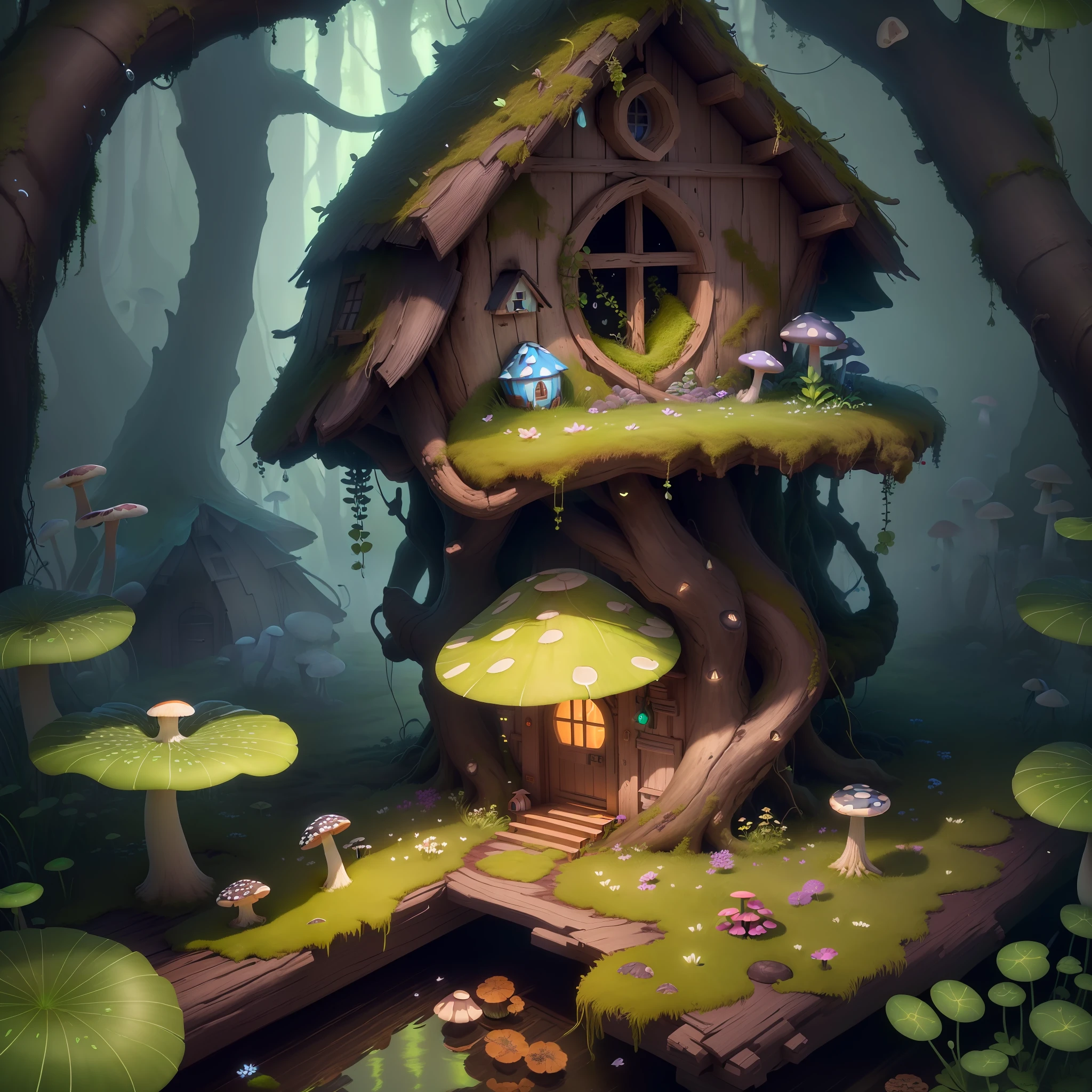 mastery, best quality, (extremely detailed CG unity 8k wallpaper), (best quality), (best illustration), (best shadow), (mushroom house covered with moss),(((dew))),(timbo) , (creek), firefly, clover, wtarlight around the room, petals, isometric 3D, octane rendering, ray tracing, super detailed,