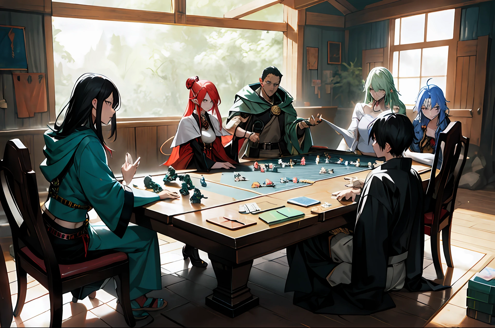 anime characters playing a board game in a room with a table, concept art by Ryan Yee, pixiv, conceptual art, lawther sit at table playing dnd, roleplaying game art, dnd party, roleplaying, tabletop rpg, rpg scene, dungeons and dragons style, play in dnd, playing dnd, rpg illustration, game dungeons and dragons, high quality dnd illustration