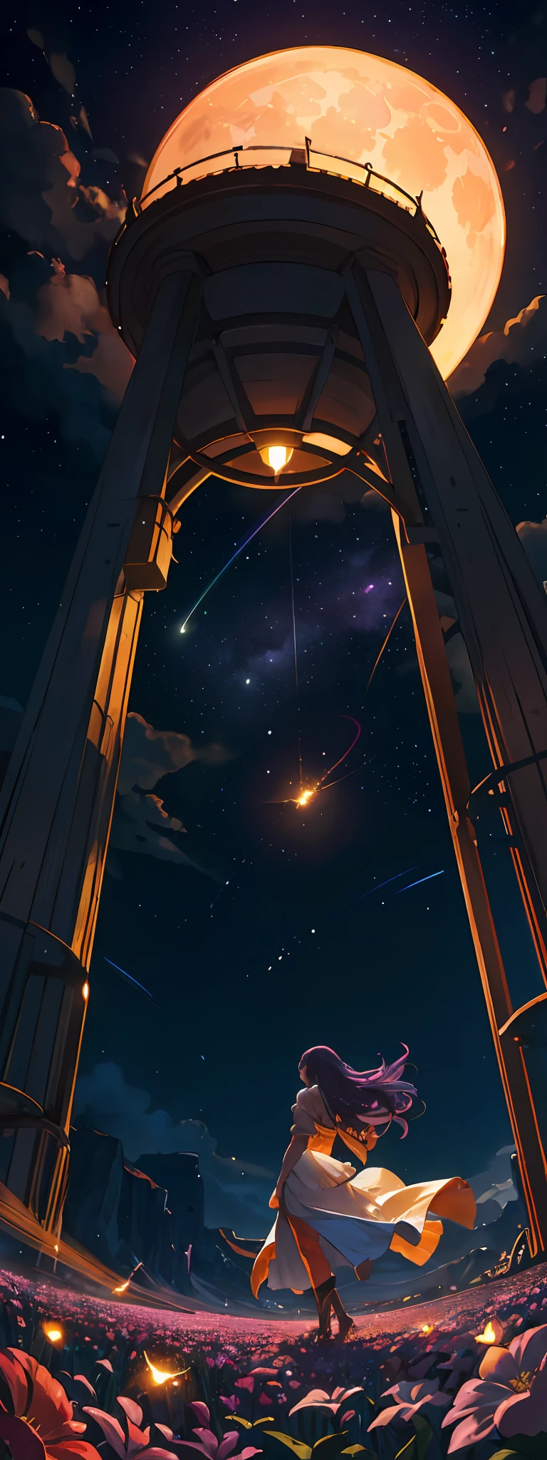 Vast landscape photo, (viewed from below, the sky is above and the open field is below), a girl standing on a flower field looking up, (full moon: 1.2), (meteor: 0.9), (nebula: 1.3), distant mountains , Trees BREAK Crafting Art, (Warm Light: 1.2), (Fireflies: 1.2), Lights, Lots of Purple and Orange, Intricate Details, Volumetric Lighting, Realism BREAK (Masterpiece: 1.2), (Best Quality), 4k, Ultra-Detailed, (Dynamic Composition: 1.4), Very Detailed, Colorful Details, (Rainbow Colors: 1.2), (Glow Lighting, Atmospheric Lighting), Dreamy, Magical, (Solo: 1.2)
