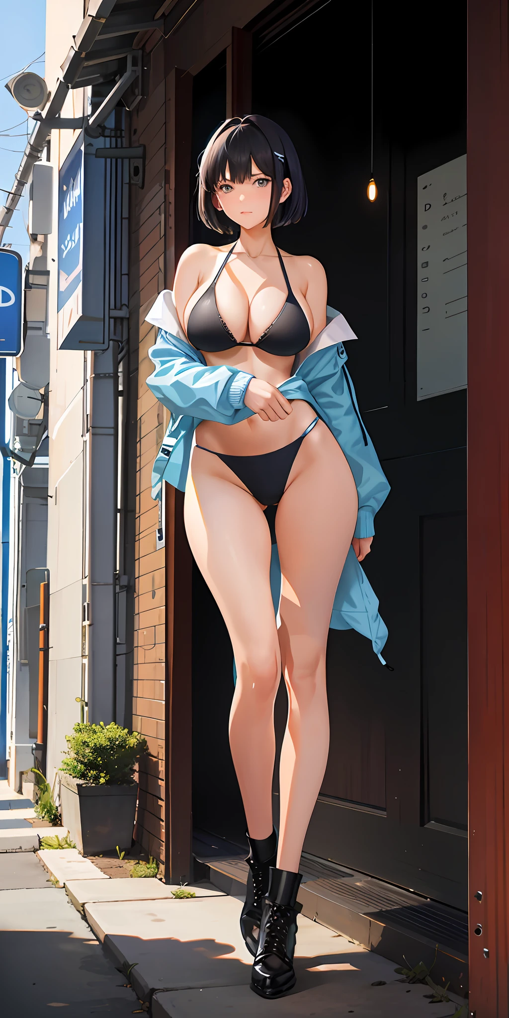 Graduation photo of female, 21 years old, black shoulder-length short hair, black eyes, light blue adult sexy underwear, big breasts, very big breasts, light blue swimsuit, black military boots and calves. Big buttocks, buttocks, in a light blue military uniform, against the background of the future sci-fi era, standing in front of a fighter jet during the day