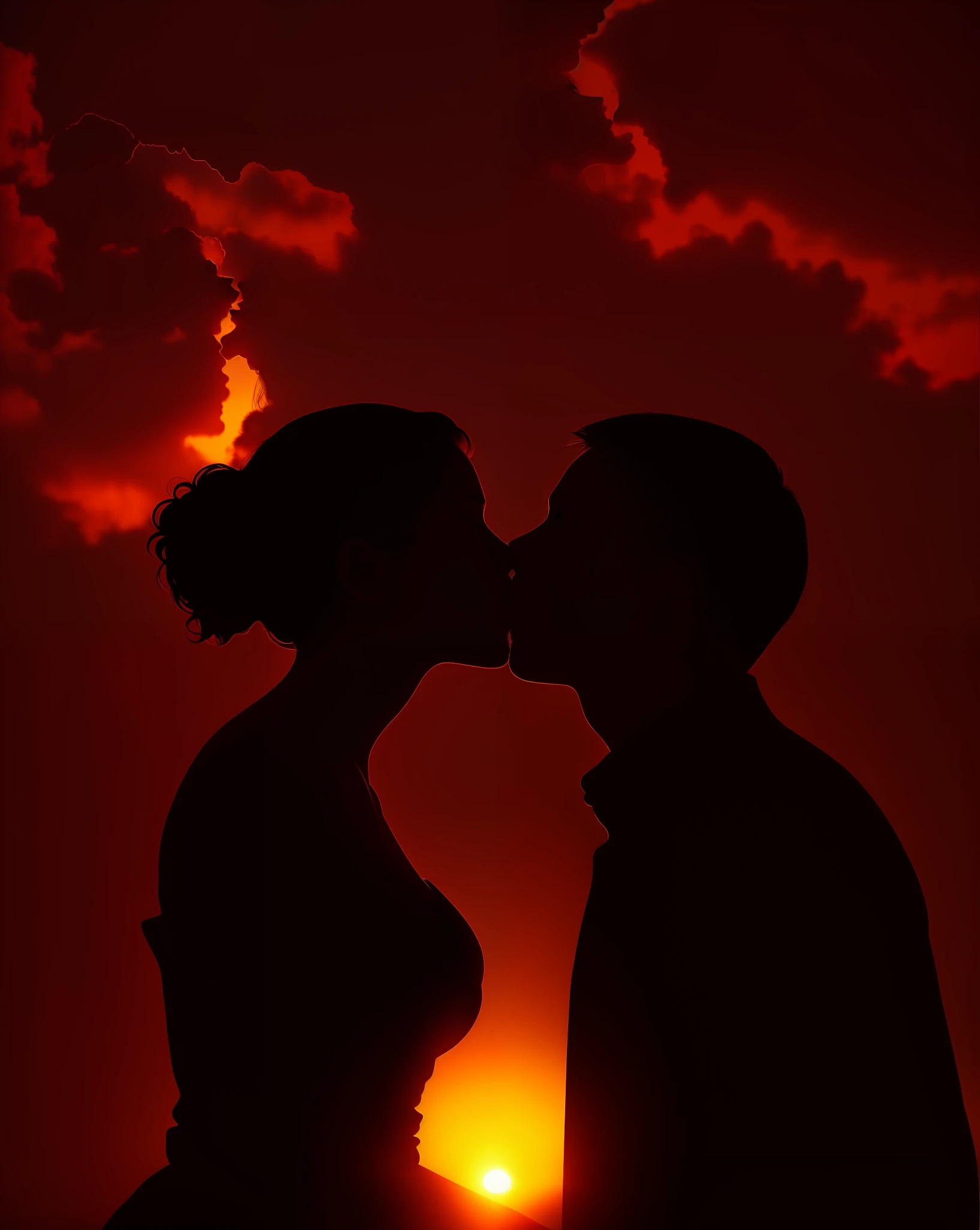 silhouette of a couple kissing in front of a sunset, couple kissing, kissing together, romantic couple, kissing together cutely, lovely kiss, kiss, kissing each other, kissing, romantic!!!, gorgeous romantic sunset, couple, the kiss, wedding photo, romantic, at the sunset, beginner, dreaming of kissing a girl, rendering, night setting, silhouette!!!, during sunset