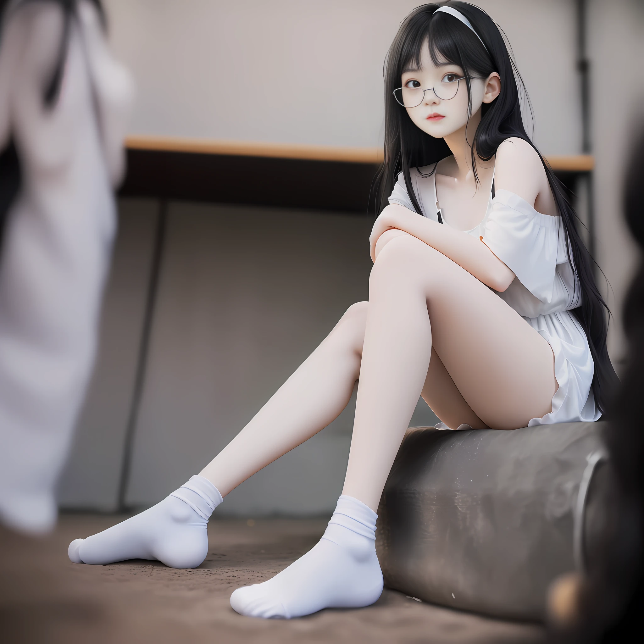 Highest quality, full body detail, golden ratio, tattered nightdress, masterpiece, RAW photo (black straight short hair) (pale 20 year old female, long black hair, thin, looking straight at viewer, bare legs, clean feet), obsessed with feet full body detail, (wearing JK uniform), white socks, loafer shoes, round glasses, classroom, ramdom posture, full body, perfect face, amazing eyes, vivid detail, (high detail skin), sfw, (dark), aurora, (backlight: 0.5 ), depth of field, Canon 5D, 50mm lens, f/4 aperture, (super detail), sharp focus, soft colors, 8k, awareness, 8mm film food, war photography