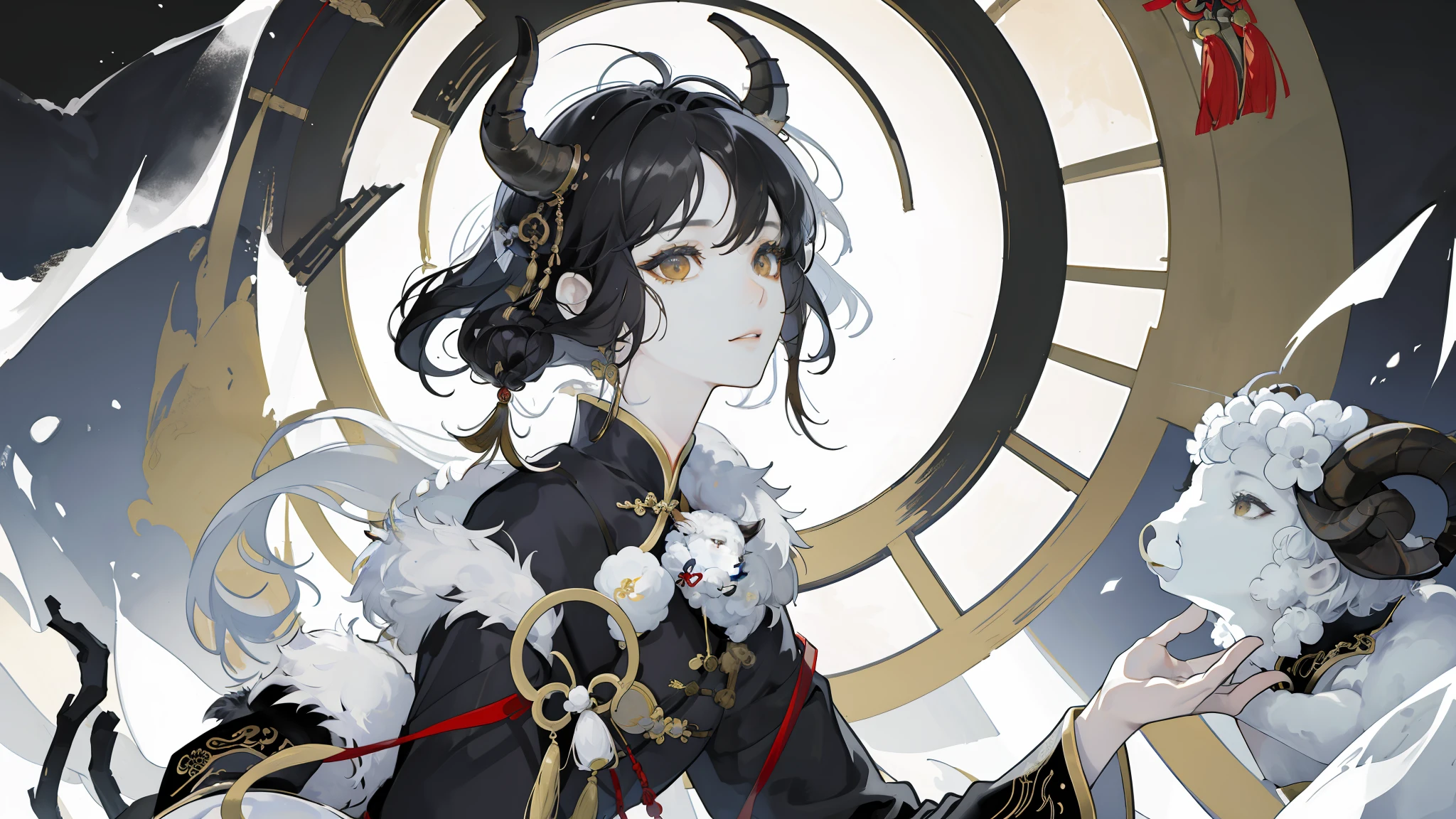 Masterpiece, best quality, (Chinese ink painting), (illustration), (1 famale), Chinese style, (ancient china), (russ mills style), black hair, (short hair), (dango curls hair), (white skin), (brown eye), cute, sheep's horns, (fur clothing), (white sheep animals), tang dynasty, dark grey, hiroshi yoshida, (close-up), (grand background), (chiaroscuro),fine facial details, facial details,cinematic lighting, (depth of field),UHD, (upper body)