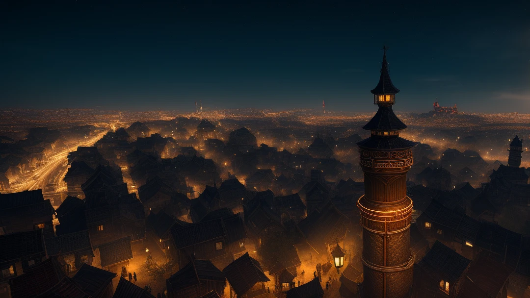 a gorgeous, female assassin wearing a leather armor with daggers strapped everywhere, hanging stealthily on a rope. On the outside of a tower while it's dark. Camera angle from the top, showing the town at night in the background. Fantasy CG style.