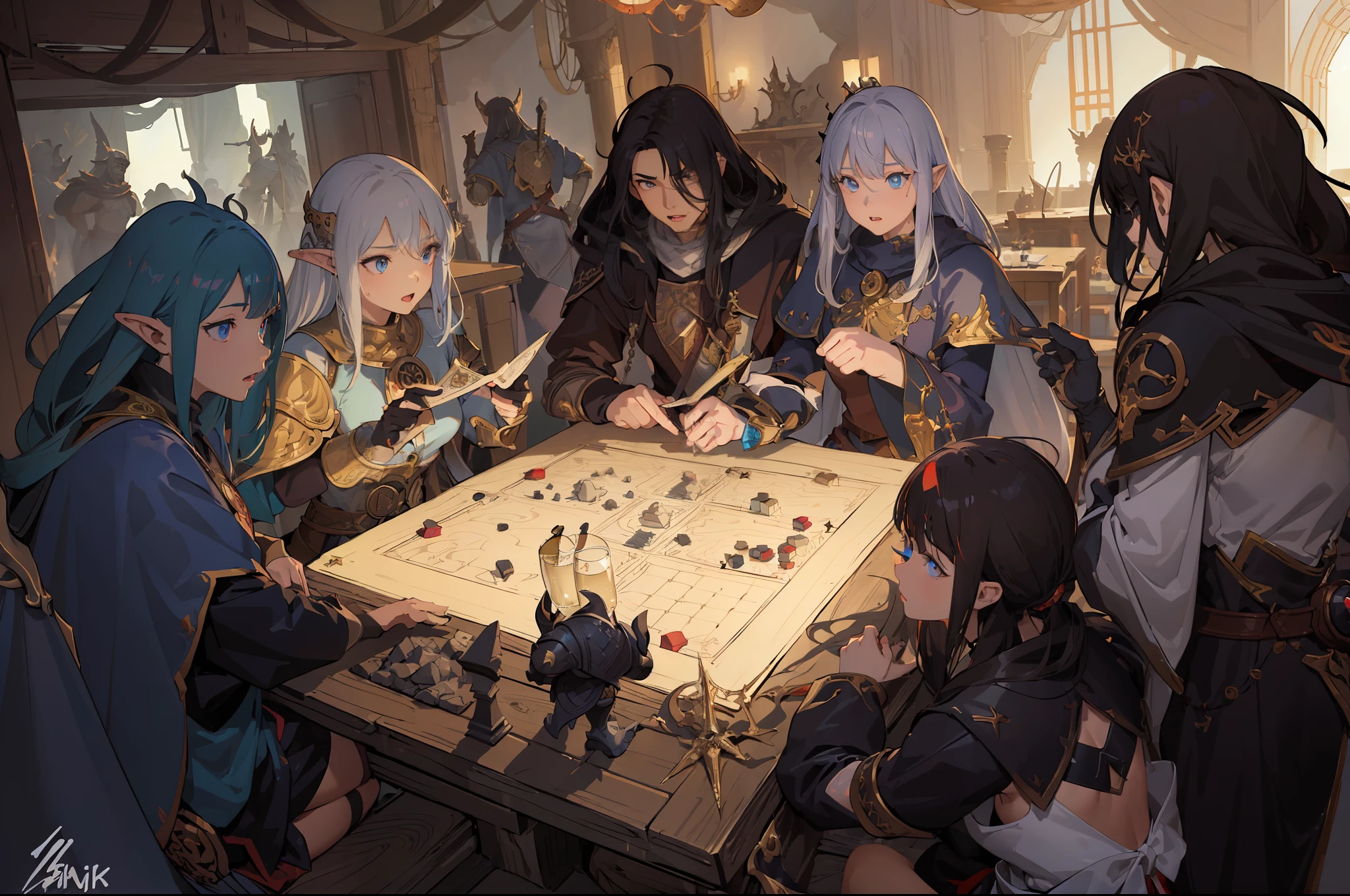 (masterpiece:1.5),(best quality:1.5),(ultra-detailed:1.5),(deep depth of field:1.5),
anime characters playing a board game in a room with a table, concept art by Ryan Yee, pixiv, conceptual art, lawther sit at table playing dnd, roleplaying game art, dnd party, roleplaying, tabletop rpg, rpg scene, dungeons and dragons style, play in dnd, playing dnd, rpg illustration, game dungeons and dragons, high quality dnd illustration