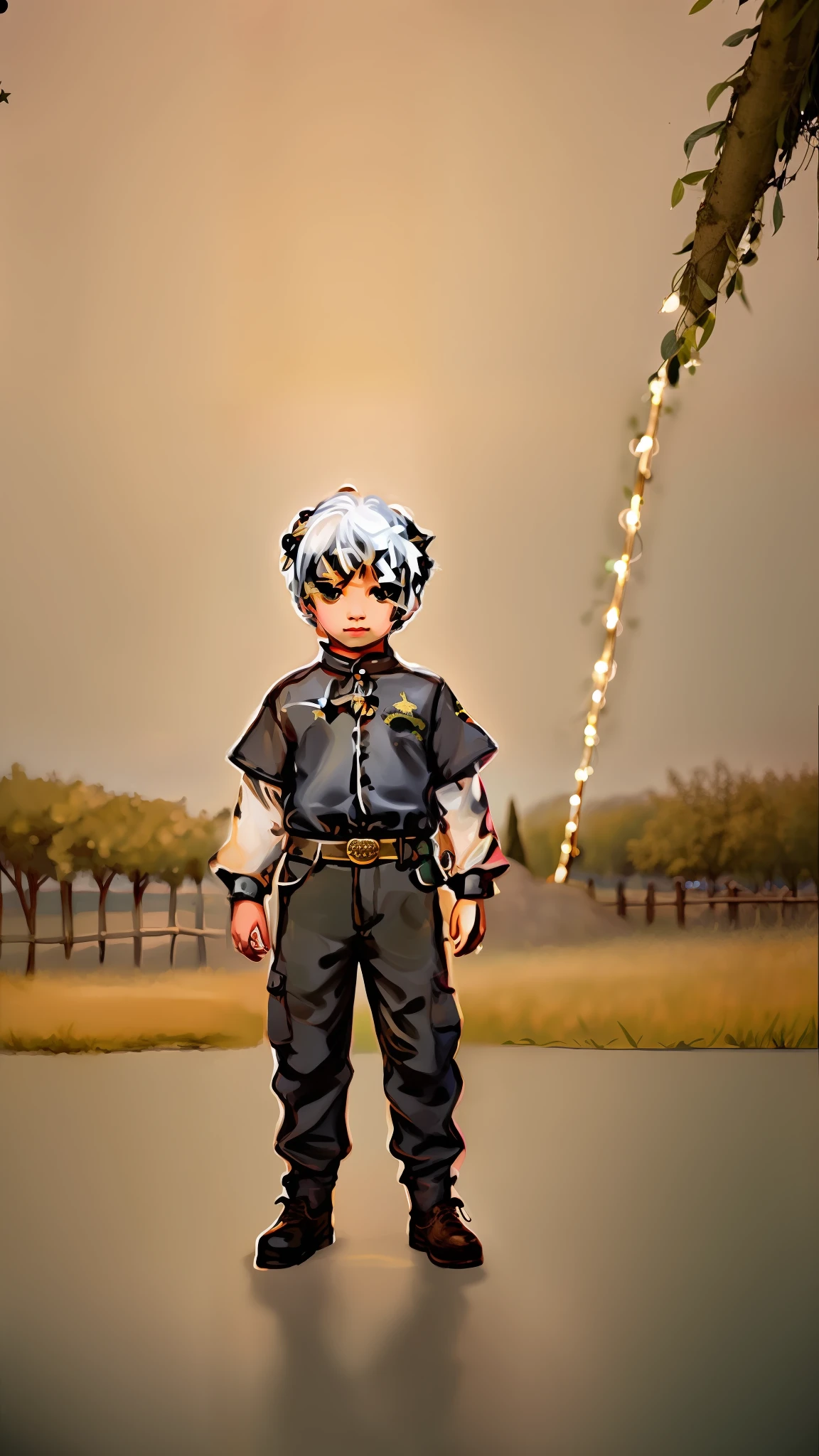 Starry background, ((1boy)), white hair band, amber eyes, fresh and lovely expression, frog decoration, big grass, moonlight, stars, fresh and natural.