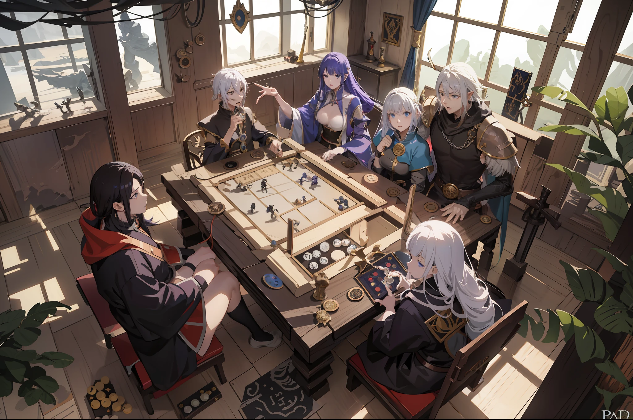 anime characters playing a board game in a room with a table, concept art by Ryan Yee, pixiv, conceptual art, lawther sit at table playing dnd, roleplaying game art, dnd party, roleplaying, tabletop rpg, rpg scene, dungeons and dragons style, play in dnd, playing dnd, rpg illustration, game dungeons and dragons, high quality dnd illustration