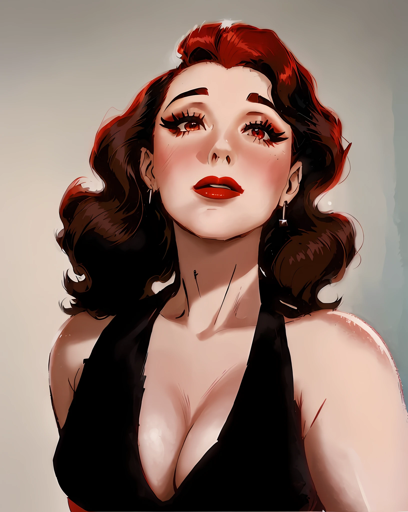 a woman with a red lipstick and a black dress, 1 9 4 0 s haircut, susan hayward, old hollywood, glamour shot, judy garland, pin - up, pin-up, pin up, dark pin-up style hair, pinup, inspired by Earle Bergey, lobotomy of a beautiful woman, voluminous, very beautiful woman, screen cap