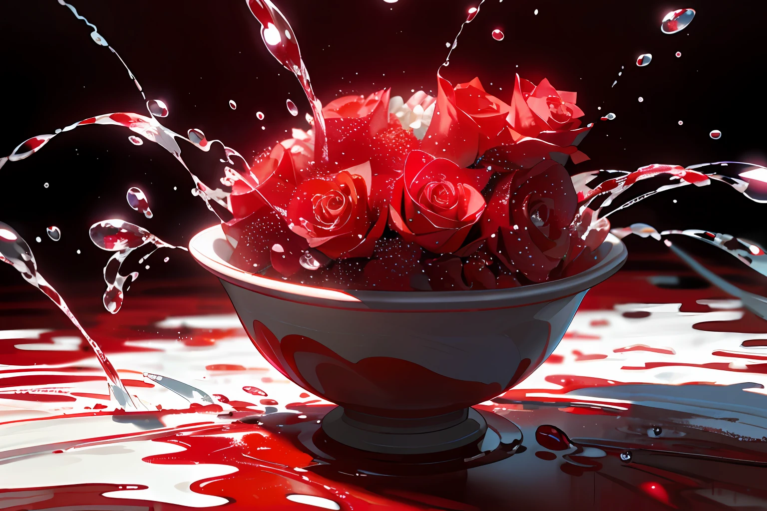 a bouquet of scarlet red rose splashing in a bowl of water, explosion of cherries, cherries, cherry, there is a cherry, 4k hd wallpaper, fruit gems and diamonds, cherry trees, carnal) wet, cherry blossoms, water particles, liquid splash, photorealistic red background, beautiful 4k uhd art, realistic water splash -