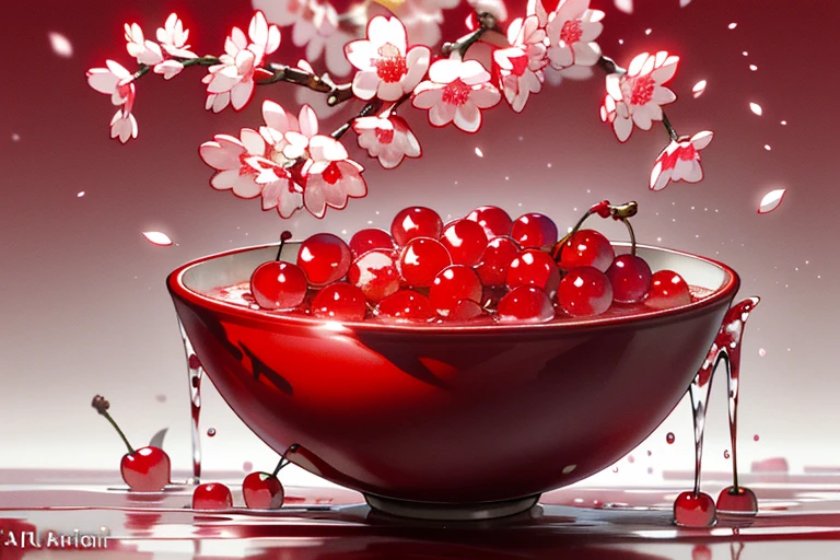 a bouquet of scarlet red rose splashing in a bowl of water, explosion of cherries, cherries, cherry, there is a cherry, 4k hd wallpaper, fruit gems and diamonds, cherry trees, carnal) wet, cherry blossoms, water particles, liquid splash, photorealistic red background, beautiful 4k uhd art, realistic water splash -