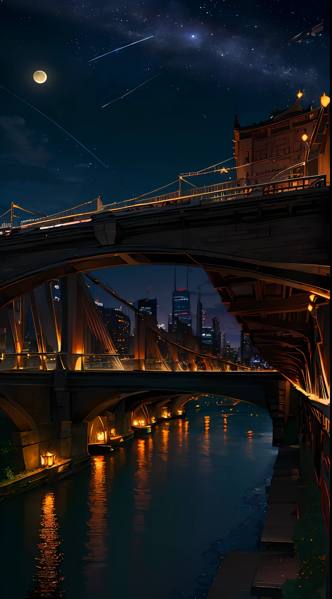 ((masterpiece, best quality, high resolution, super resolution, super detailed, ultra detailed, rich background)), (outdoor), beside river, bridge and river behind, city scenery behind, scenery, nighttime, dark, lowlight, moon, moonlight, dynamic light, shooting star