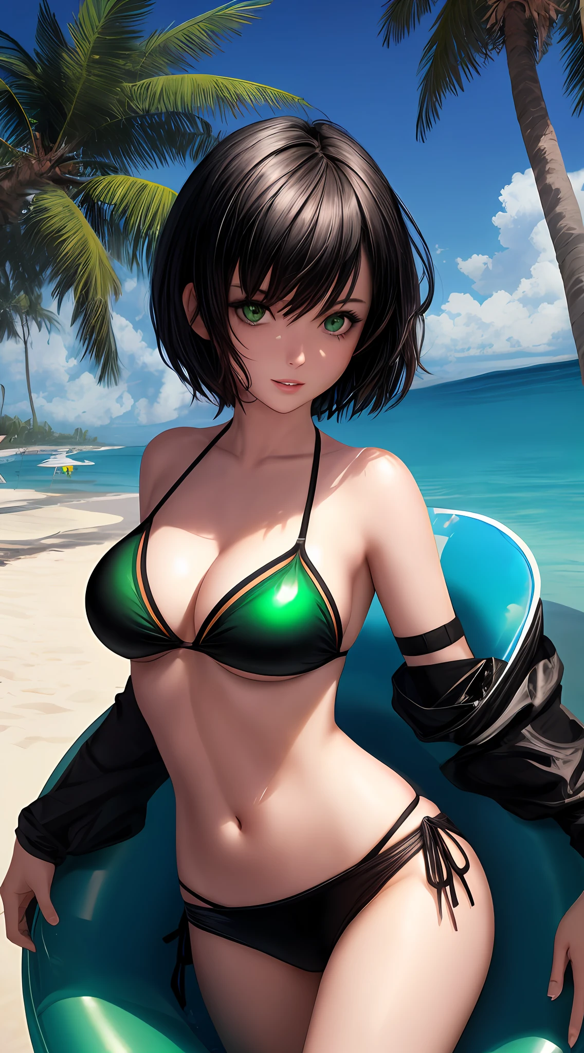 With removed black cylindrical mask, short hair, realistic, 1girl, green eyes, glowing eyes, green bikini, parted lips, day, in the beach, palm tree, playing in water, floaties, sun, happy