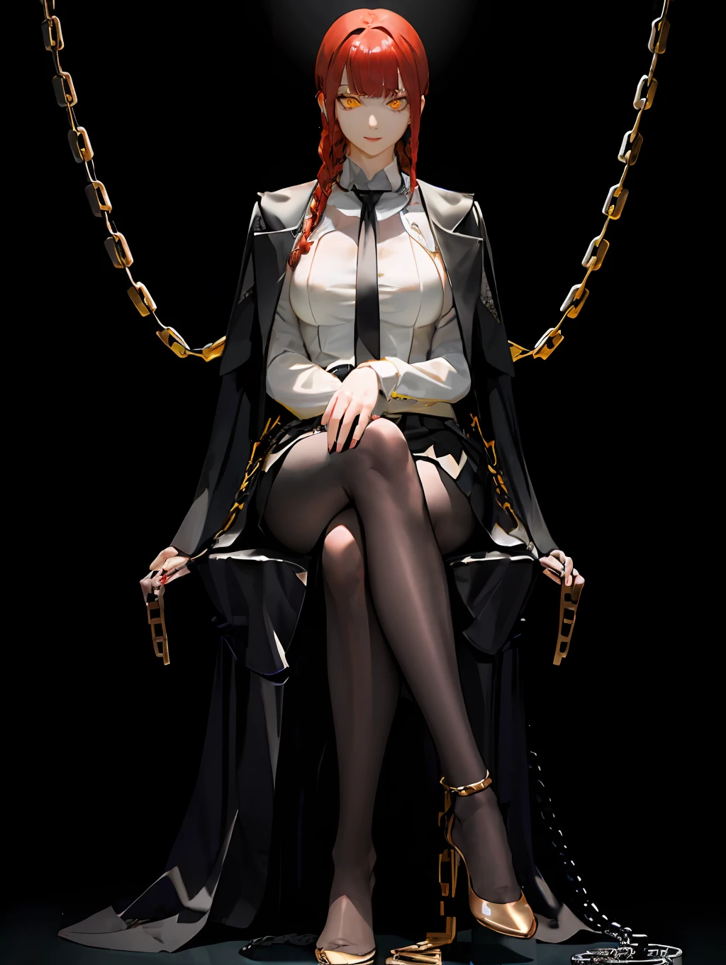 masterpiece, (photorealistic:1.4), best quality, beautiful lighting,KPop idol,adult,white blouse,black tie,black skirt,black pantyhose,black jacket
(ulzzang-6500:0.5), makima \(chainsaw man\), (red hair)+(long braided hair)+(bangs), yellow eyes, golden eyes, ((ringed eyes)),large breast,full body, detailed face,smile,
RAW photo, 8k uhd, film grain,blurry background,, sitting, (crossed legs:1.2),throne chair,(dark background, chains:1.3),