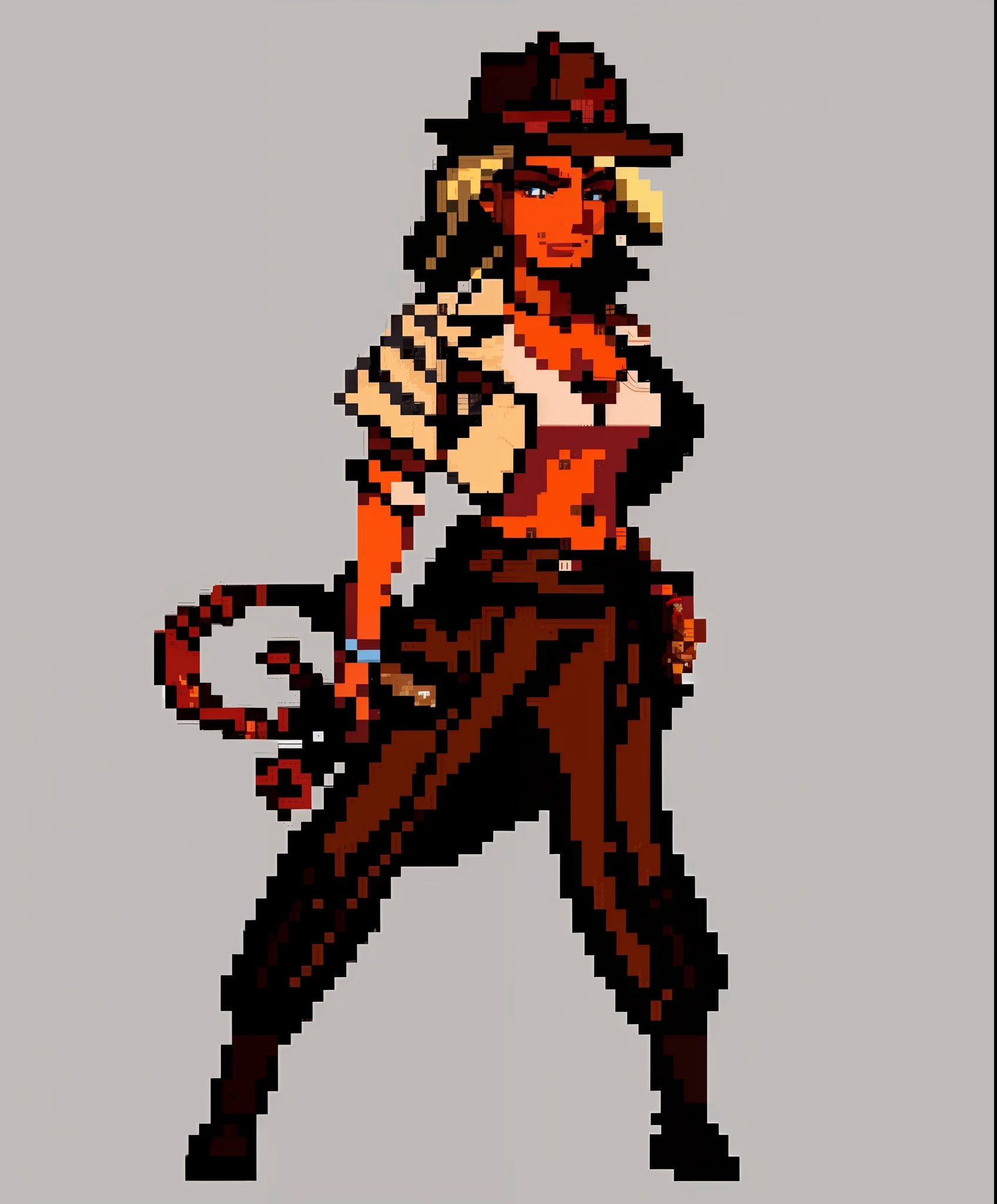 pixel art, (female indiana jones with a whip), bown leather jacket, full body