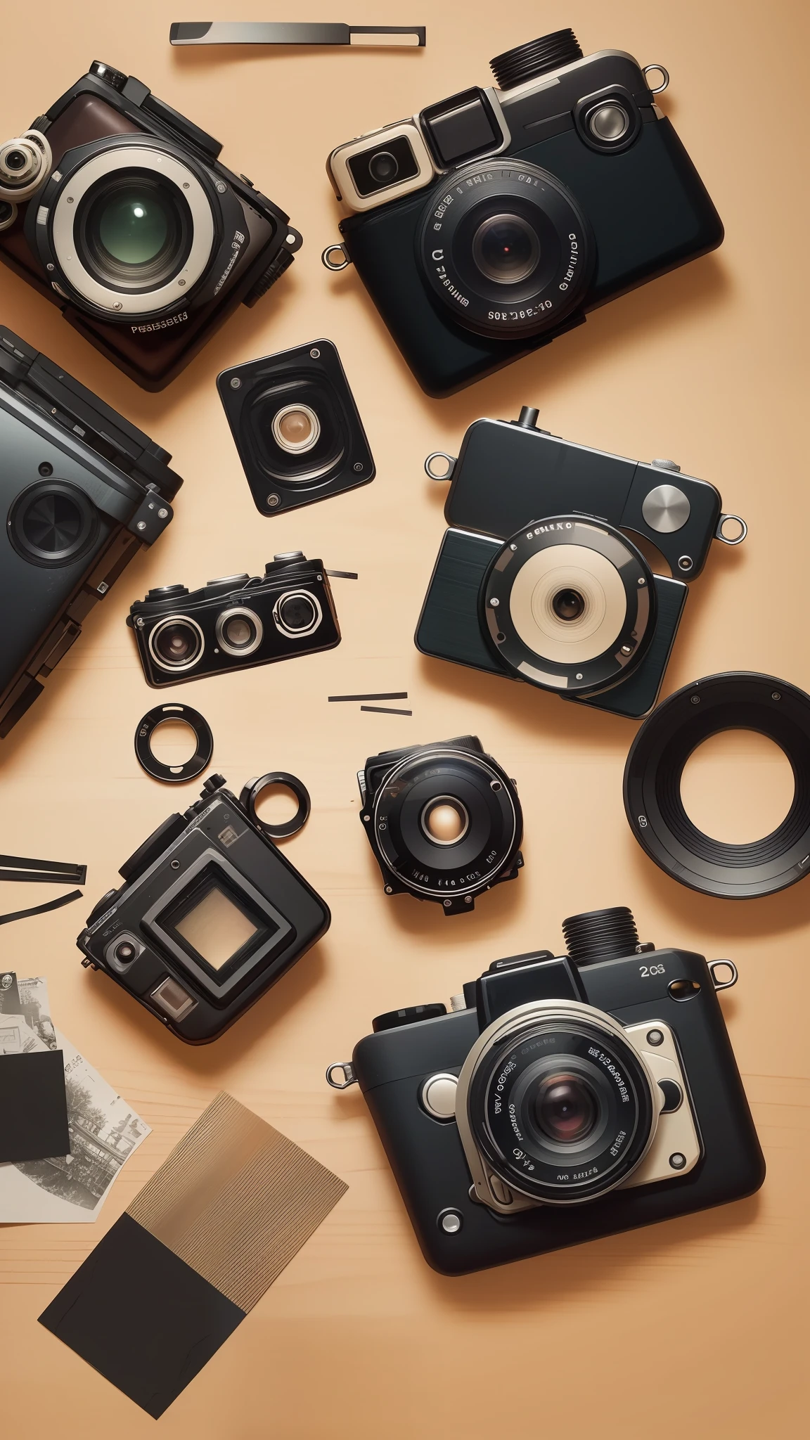 A disassembled photographic camera.