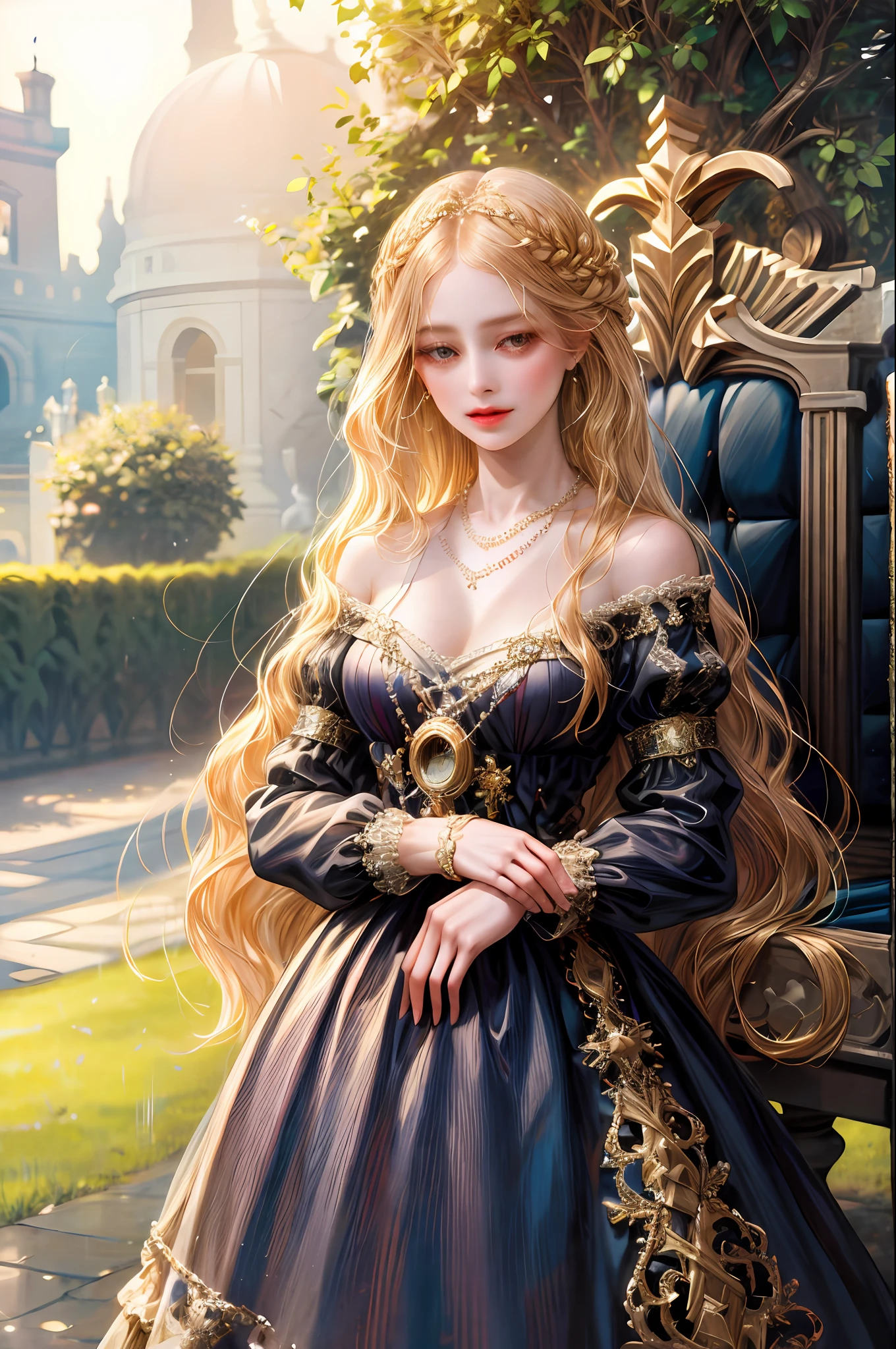 (absurdres, highres, ultra detailed), 1girl, solo, mature, (very long hair, blonde hair), Baroque, Necklace, long dress, long sleeve, elegant, colorful, highest detailed, upper body, outdoors, garden