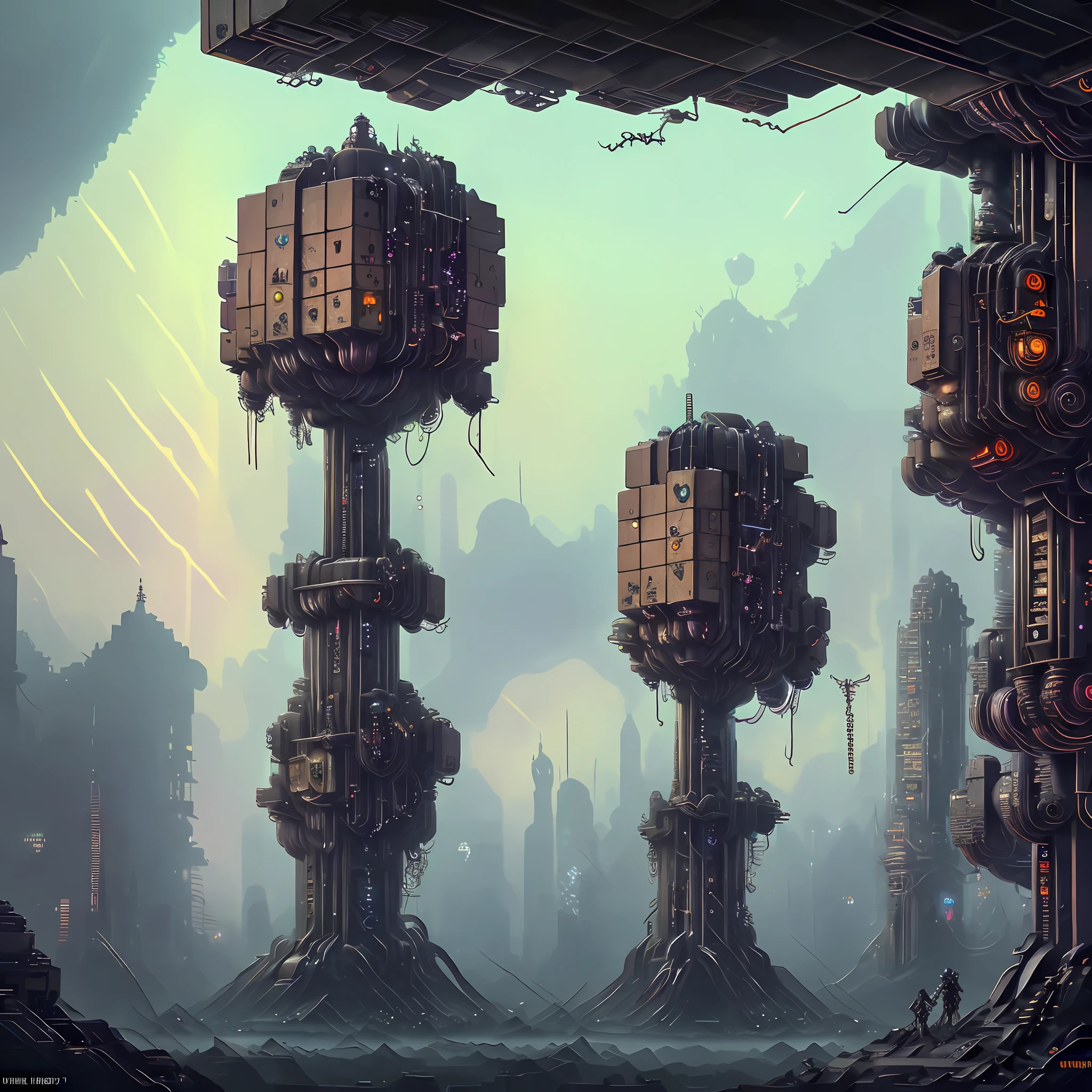 (masterpiece, best quality, ultra-detailed, cyberpunk), extraterrestrial cube castle with turrets, colored blocks, creepy spiders, high-quality alien architecture, stunning look into another world, sinister atmosphere, beautiful night, twilight. Girl in a raincoat