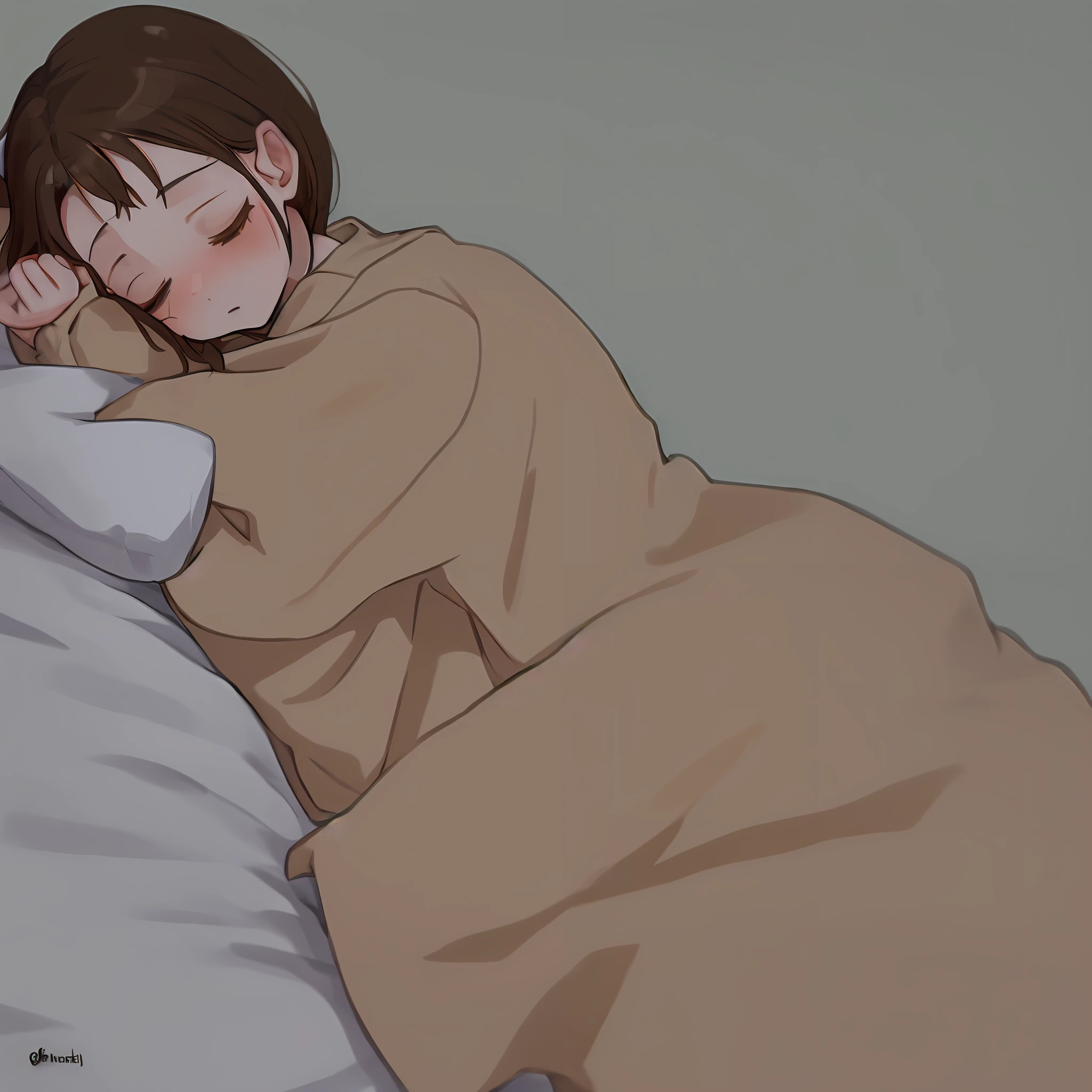 Walnut, go to bed. One person in pajamas, cute sleeping face, cinematic angle