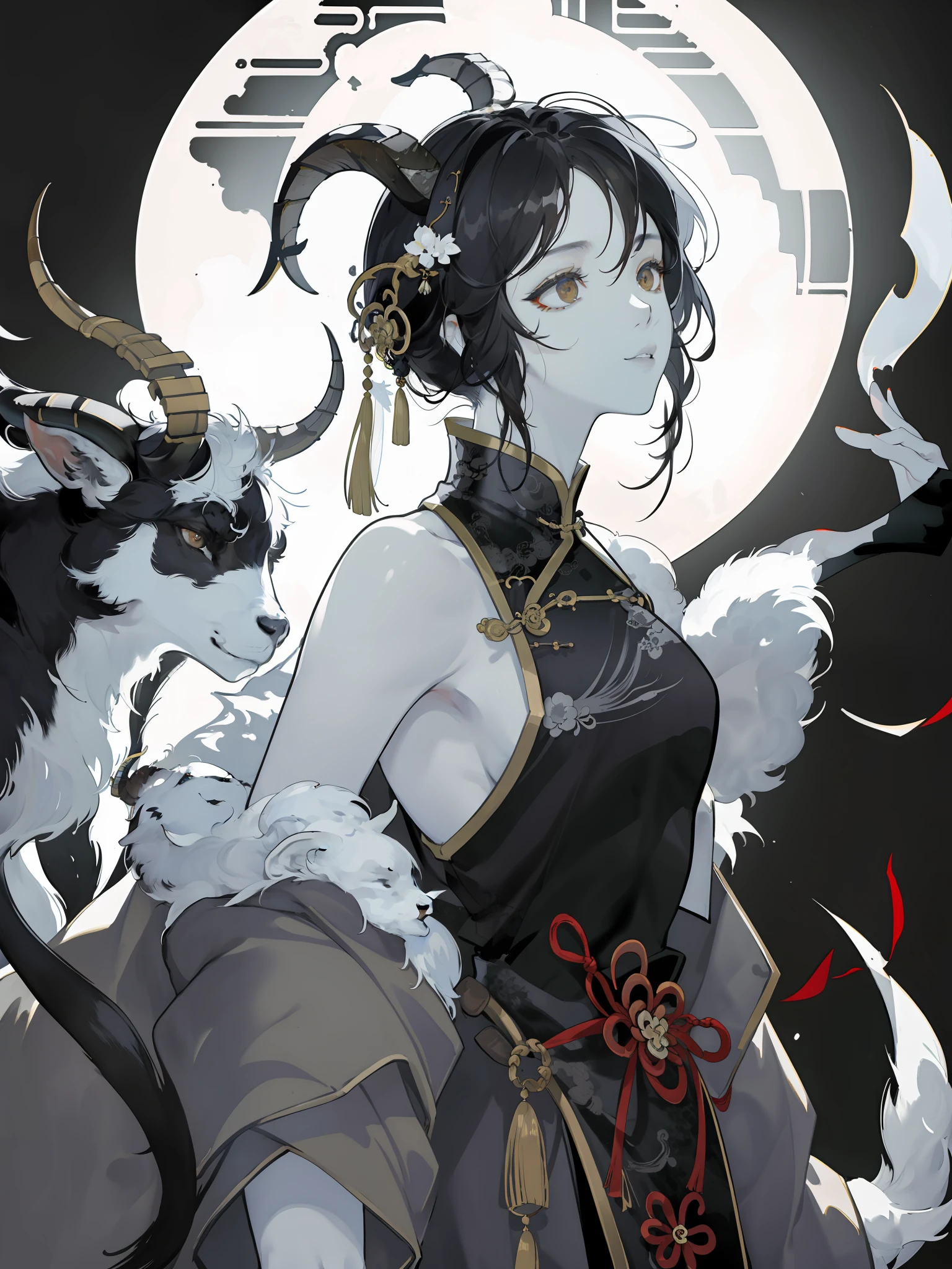 Masterpiece, best quality, (Chinese ink painting), (illustration), (1 famale), Chinese style, (ancient china), (russ mills style), black hair, (short hair), (dango curls hair), (white skin), (brown eye), cute, curvy body, sheep's horns, (fur dress), (goat animals background), dark grey, hiroshi yoshida, (close-up), (grand background), (chiaroscuro),fine facial details, facial details,cinematic lighting, (depth of field),UHD, (upper body)