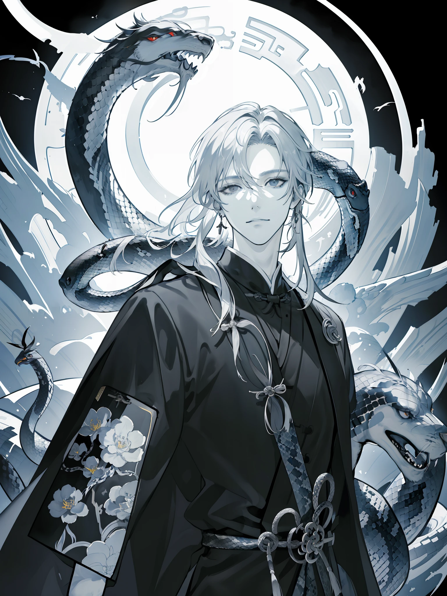 Masterpiece, best quality, (Chinese ink painting), (illustration), (1 man), mature man, Chinese style, (ancient chinese male), (russ mills style), cloak, silver hair, (long long hair), (messy hair), (white skin), (black eye), handsome, (Scales clothing), ((snake)), silver ornament, tang dynasty, dark grey, hiroshi yoshida, close-up, (grand background), (chiaroscuro),fine facial details, facial details,cinematic lighting, (depth of field),UHD, (upper body)